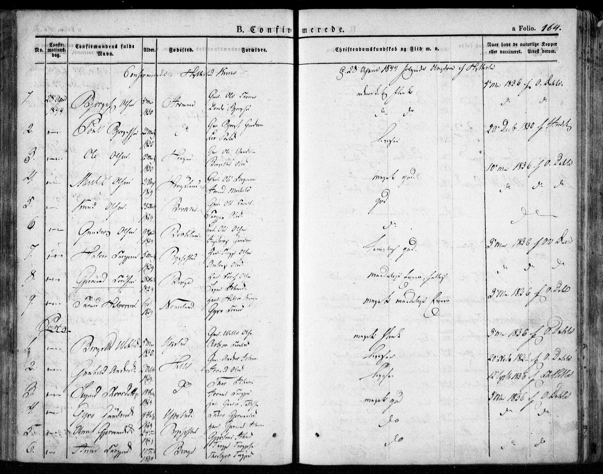 Valle sokneprestkontor, SAK/1111-0044/F/Fa/Fac/L0006: Parish register (official) no. A 6, 1831-1853, p. 164