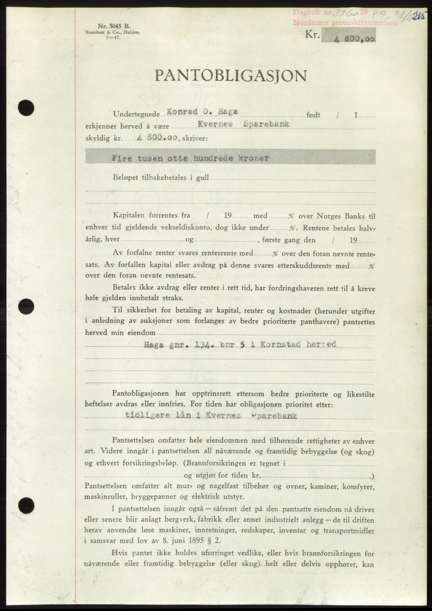 Nordmøre sorenskriveri, AV/SAT-A-4132/1/2/2Ca: Mortgage book no. B103, 1949-1950, Diary no: : 3360/1949