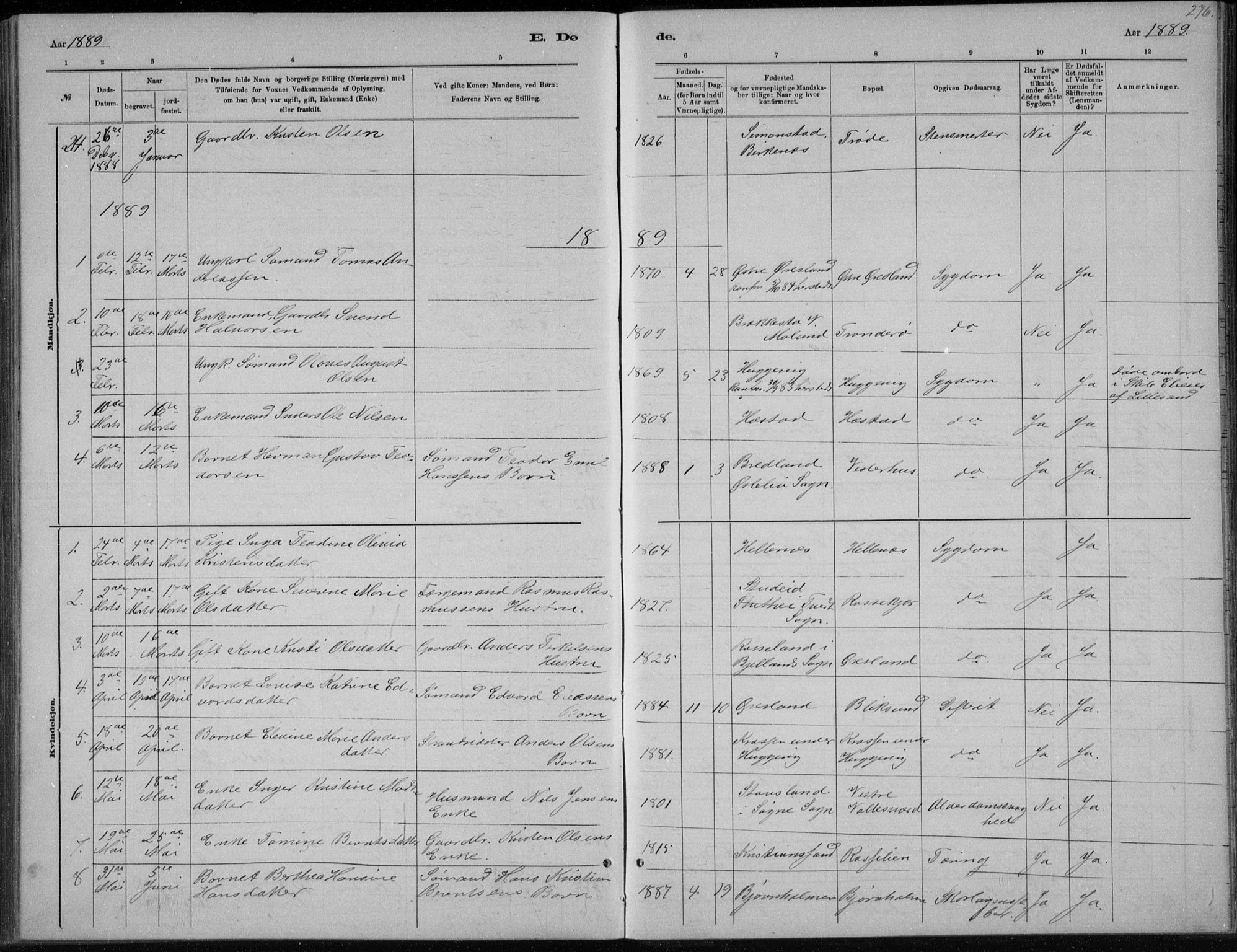 Høvåg sokneprestkontor, SAK/1111-0025/F/Fb/L0004: Parish register (copy) no. B 4, 1883-1898, p. 276