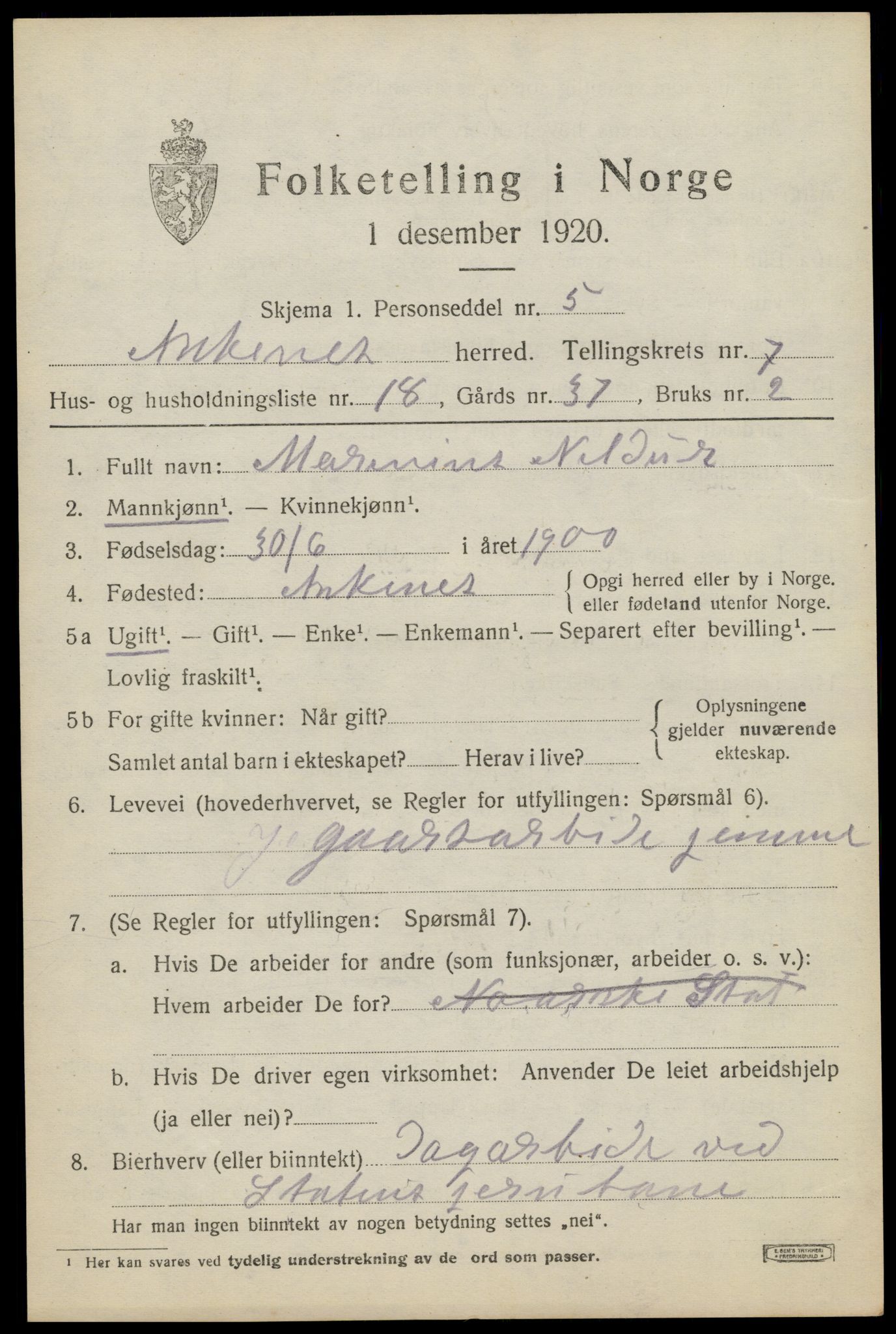 SAT, 1920 census for Ankenes, 1920, p. 3913