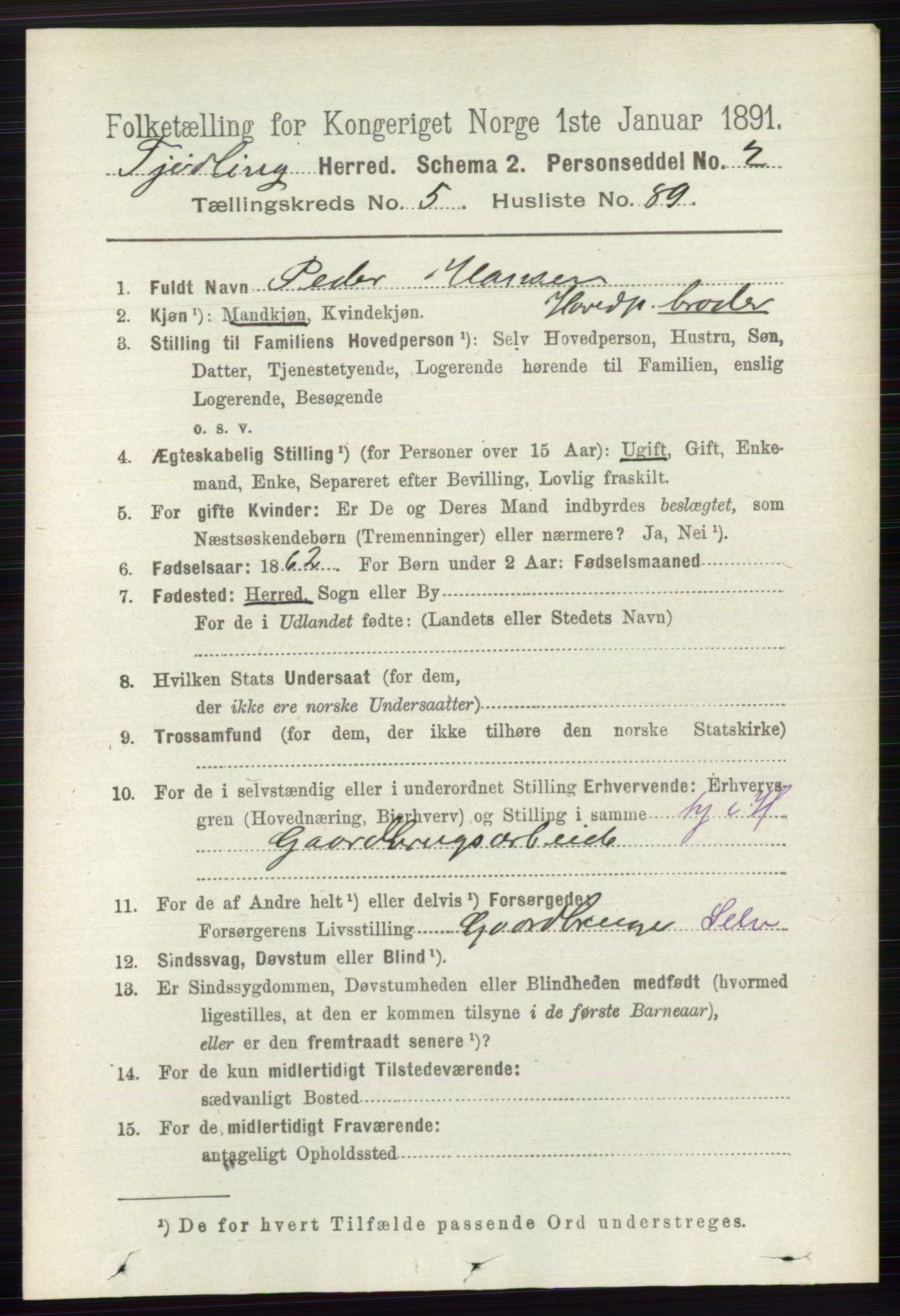 RA, 1891 census for 0725 Tjølling, 1891, p. 2516