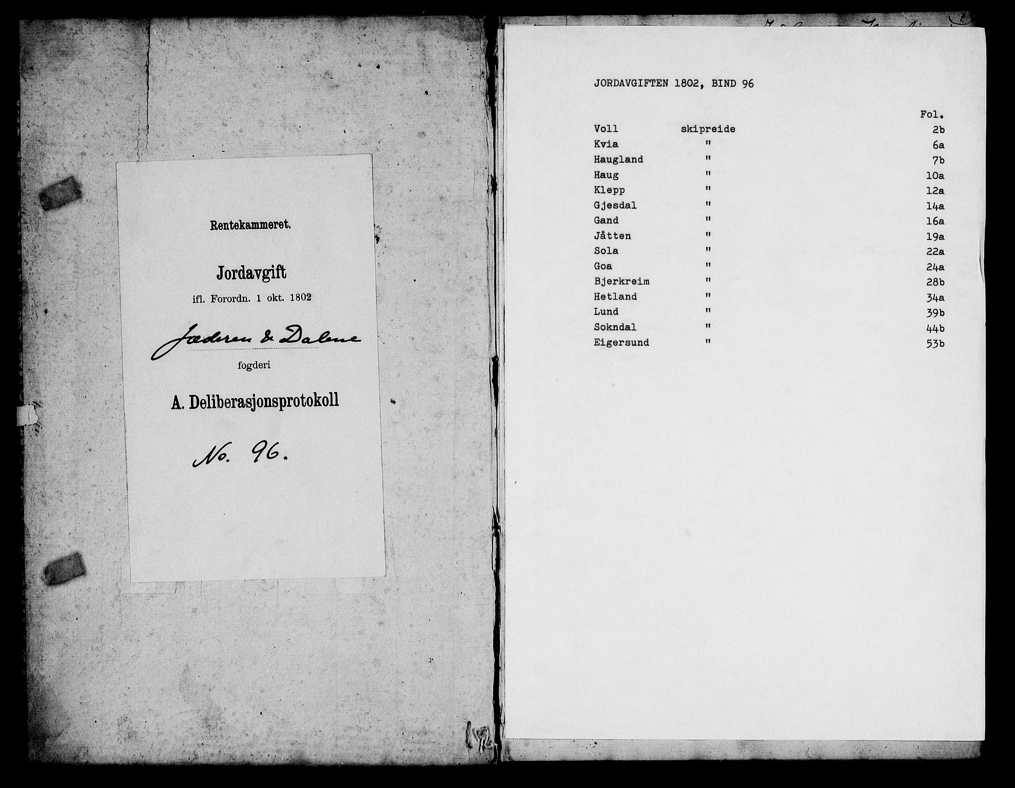 Rentekammeret inntil 1814, Realistisk ordnet avdeling, RA/EA-4070/N/Ne/Nea/L0096: Jæren og Dalane fogderi. Deliberasjonsprotokoll, 1803, p. 1