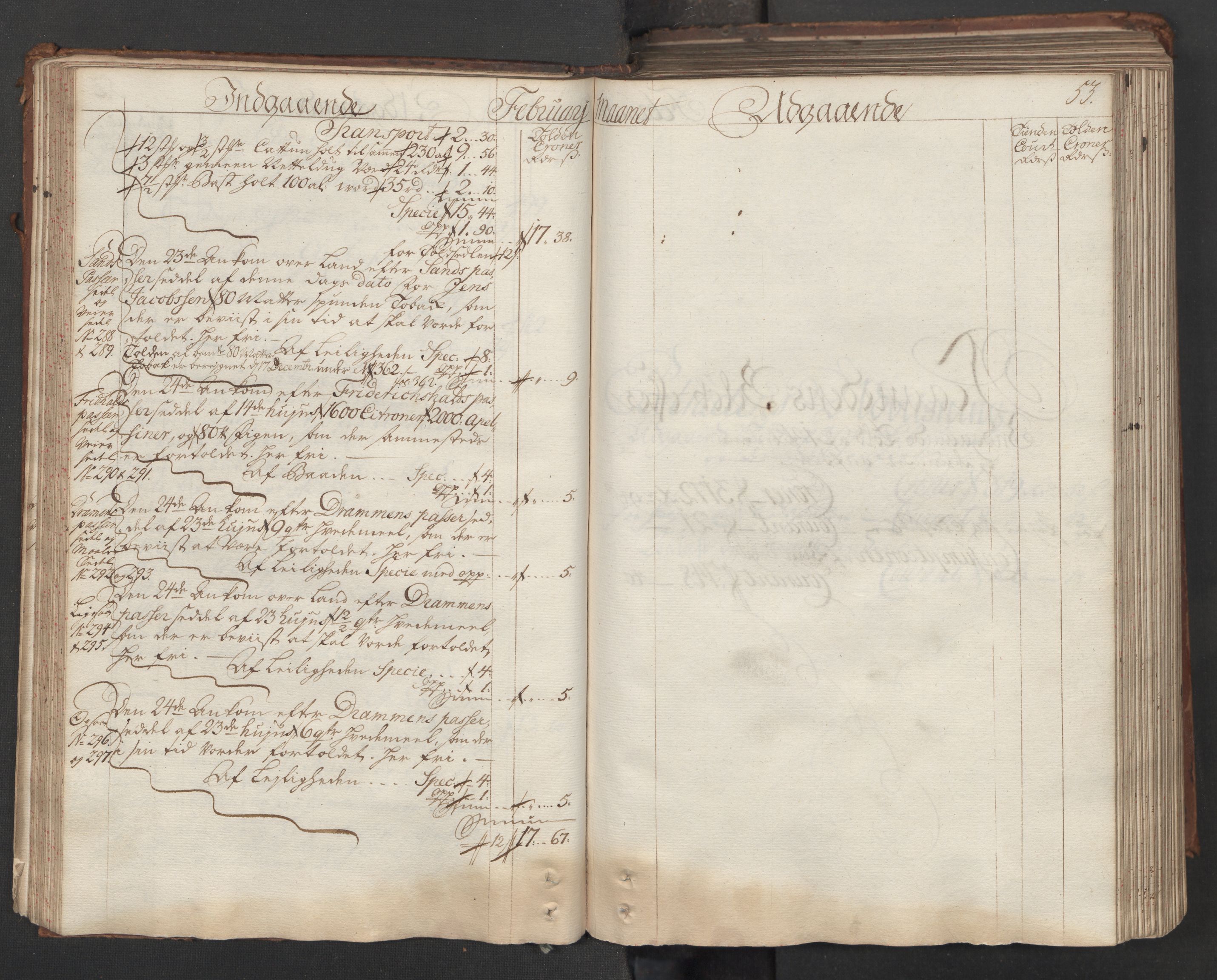 Generaltollkammeret, tollregnskaper, AV/RA-EA-5490/R06/L0015/0001: Tollregnskaper Kristiania / Hovedtollbok, 1733, p. 52b-53a