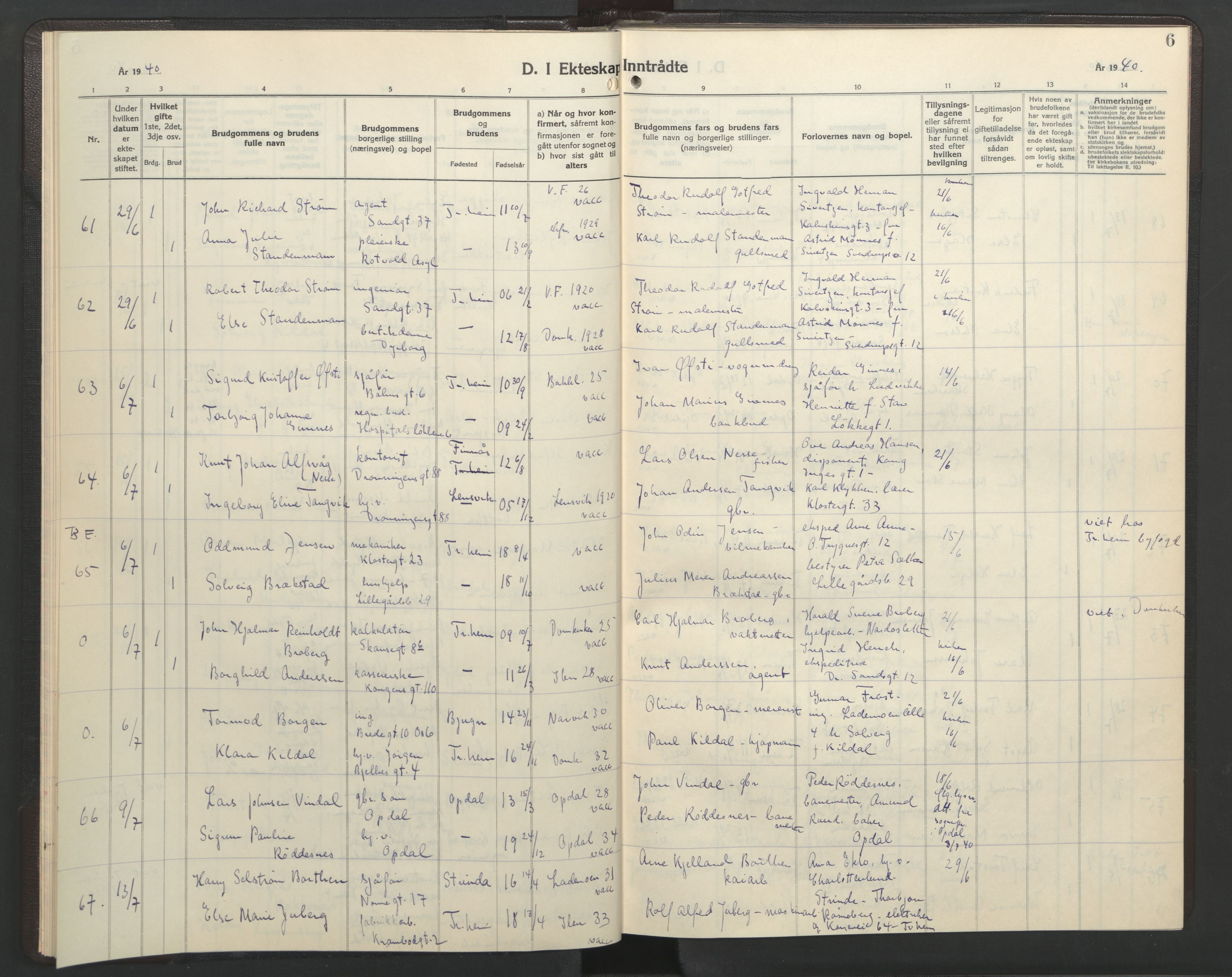 Ministerialprotokoller, klokkerbøker og fødselsregistre - Sør-Trøndelag, AV/SAT-A-1456/602/L0154: Parish register (copy) no. 602C22, 1940-1947, p. 6