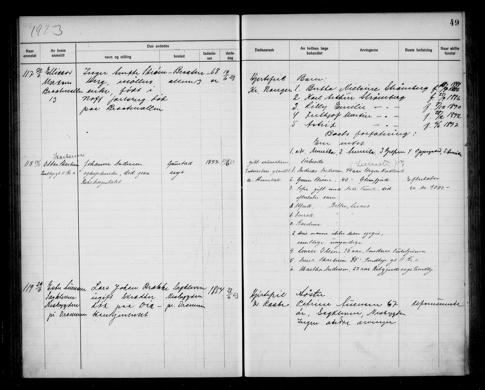 Aker kriminaldommer, skifte- og auksjonsforvalterembete, SAO/A-10452/H/Hb/Hba/Hbab/L0001: Dødsfallsprotokoll for Vestre Aker, 1922-1925, p. 49