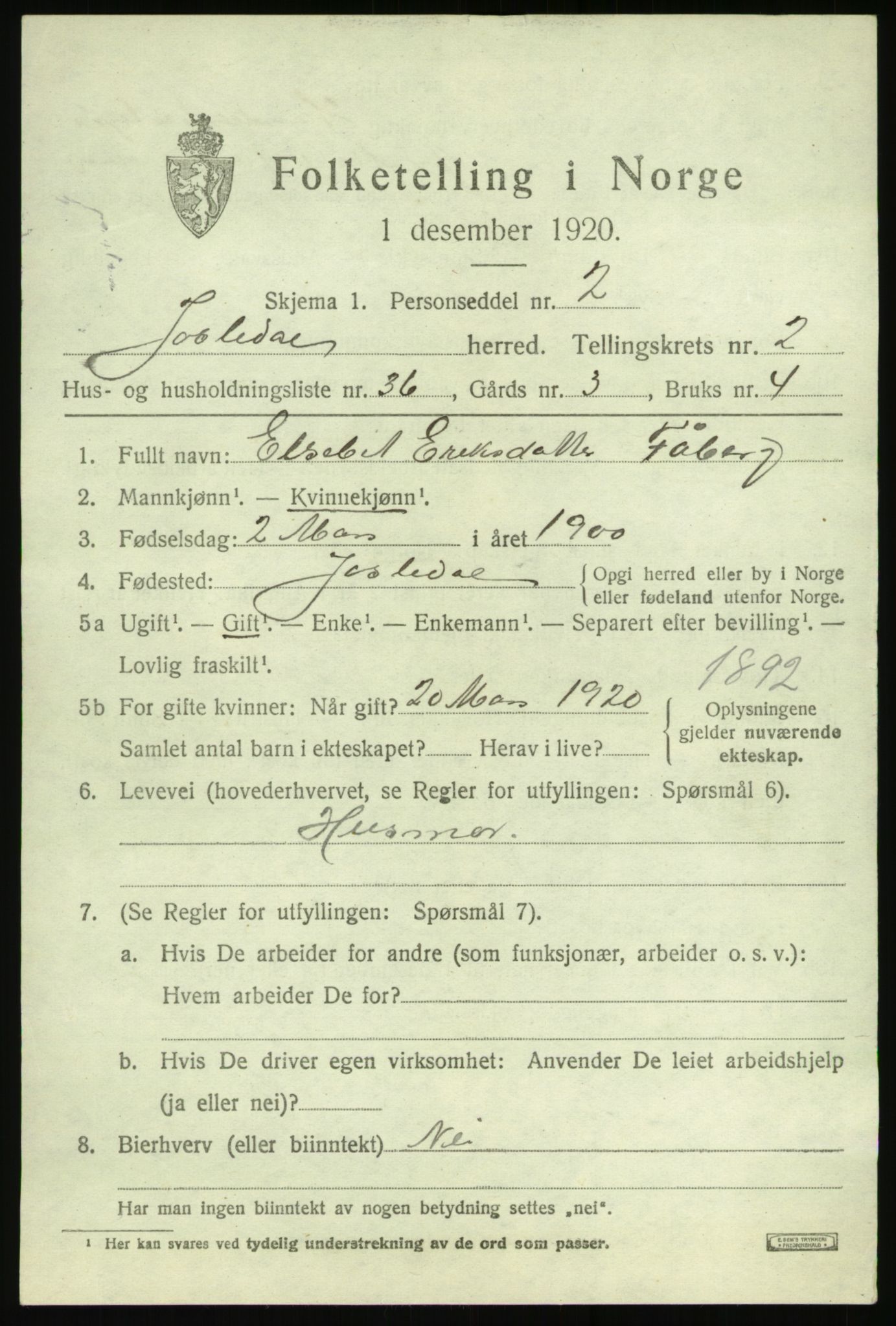 SAB, 1920 census for Jostedal, 1920, p. 1074