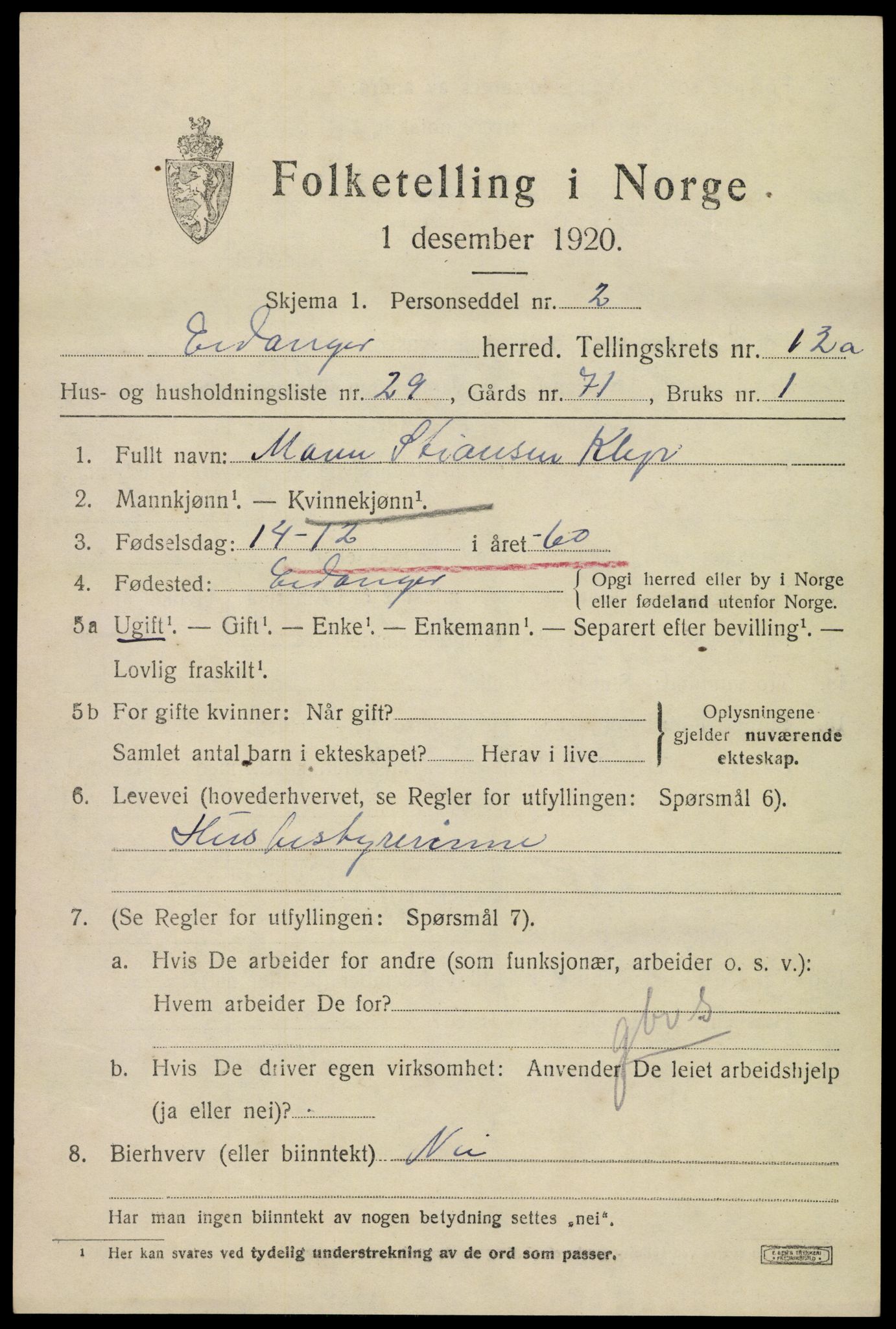 SAKO, 1920 census for Eidanger, 1920, p. 7502