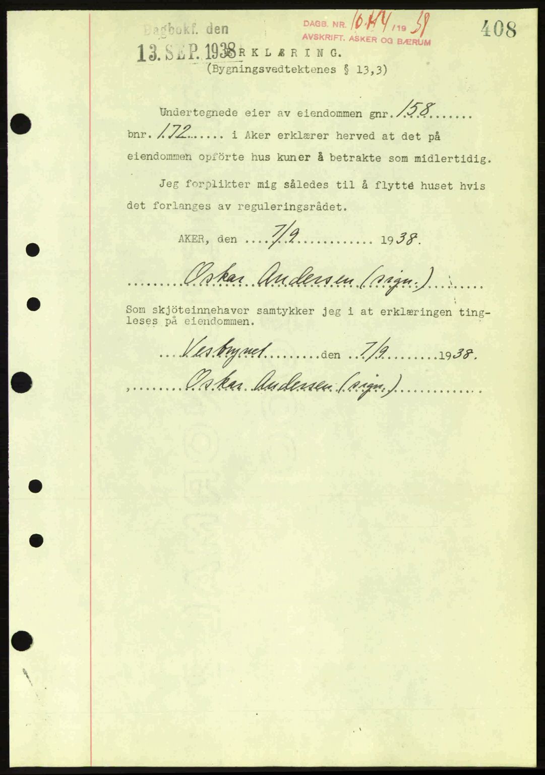 Aker herredsskriveri, SAO/A-10896/G/Gb/Gba/Gbab/L0025: Mortgage book no. A154-155, 1938-1938, Diary no: : 10714/1938