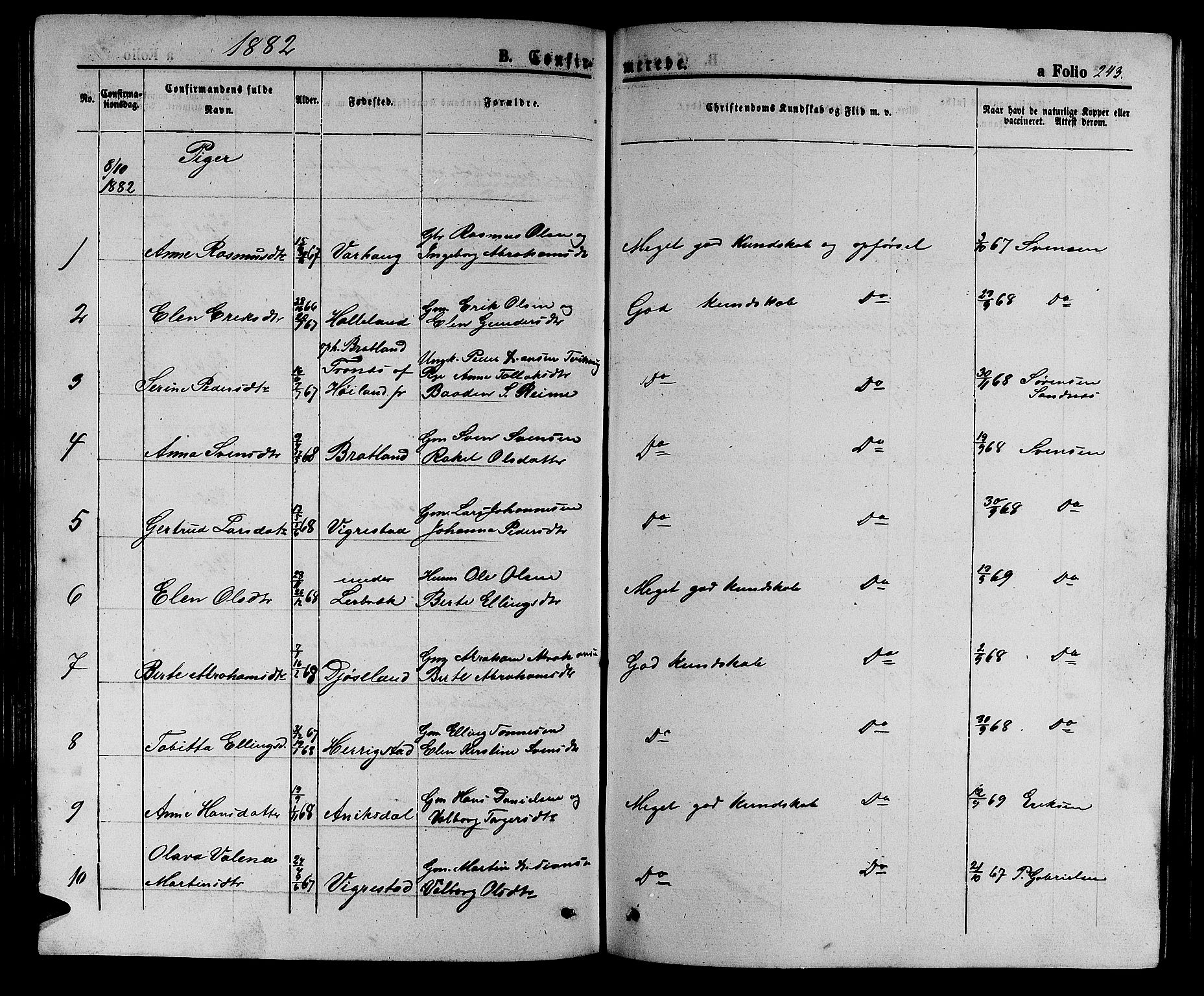 Hå sokneprestkontor, SAST/A-101801/001/30BB/L0002: Parish register (copy) no. B 2, 1854-1883, p. 243