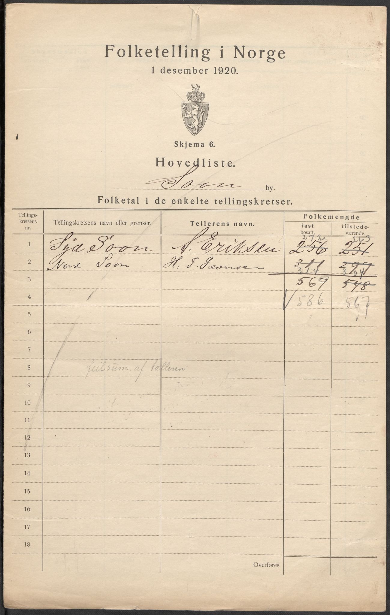 SAO, 1920 census for Son, 1920, p. 2