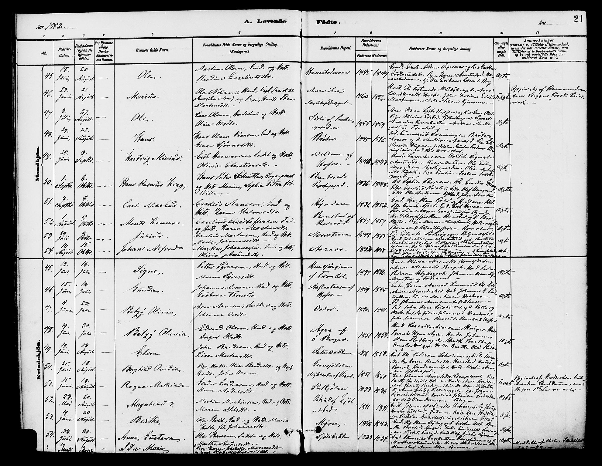 Brandval prestekontor, SAH/PREST-034/H/Ha/Haa/L0002: Parish register (official) no. 2, 1880-1894, p. 21