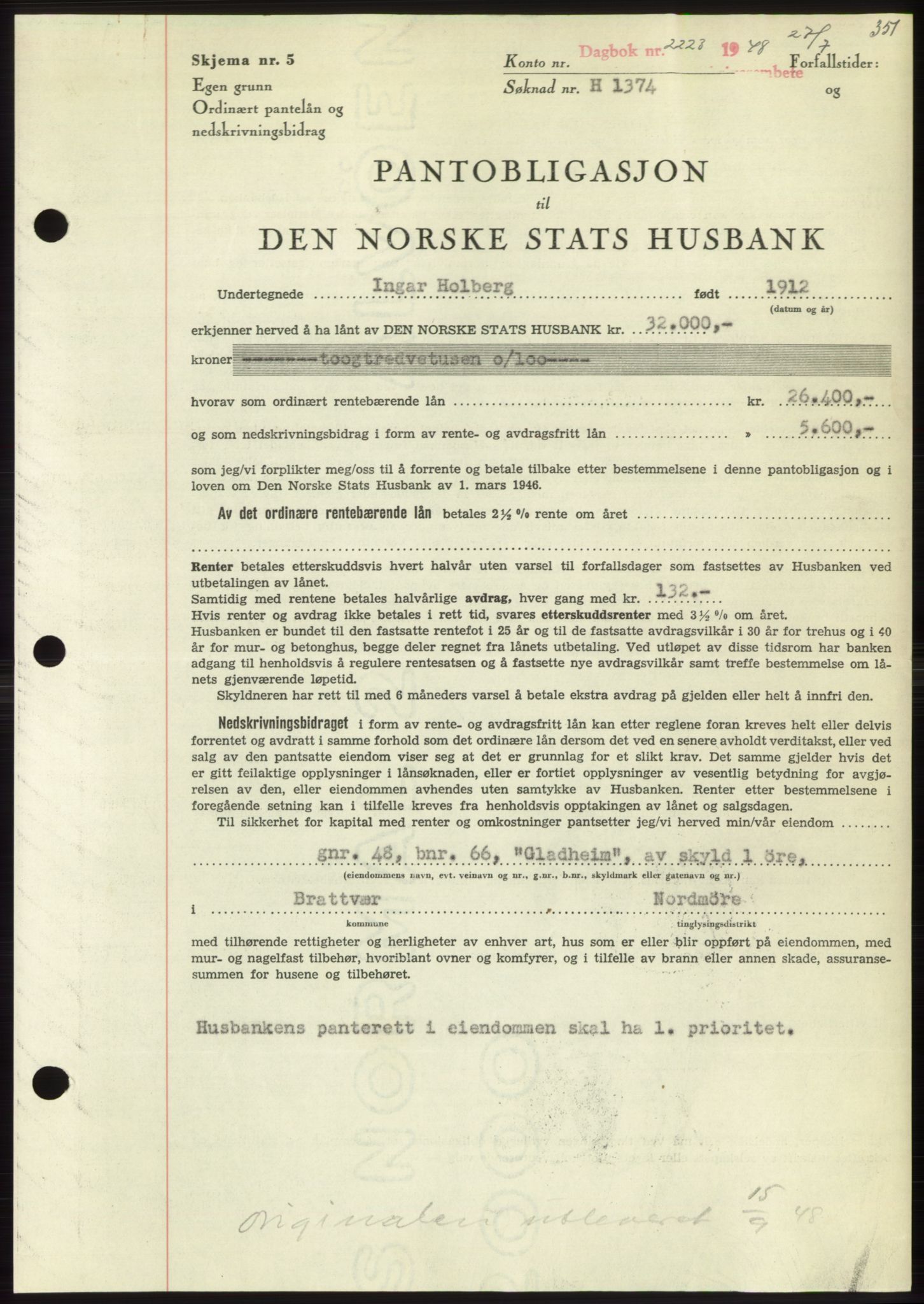 Nordmøre sorenskriveri, AV/SAT-A-4132/1/2/2Ca: Mortgage book no. B99, 1948-1948, Diary no: : 2223/1948