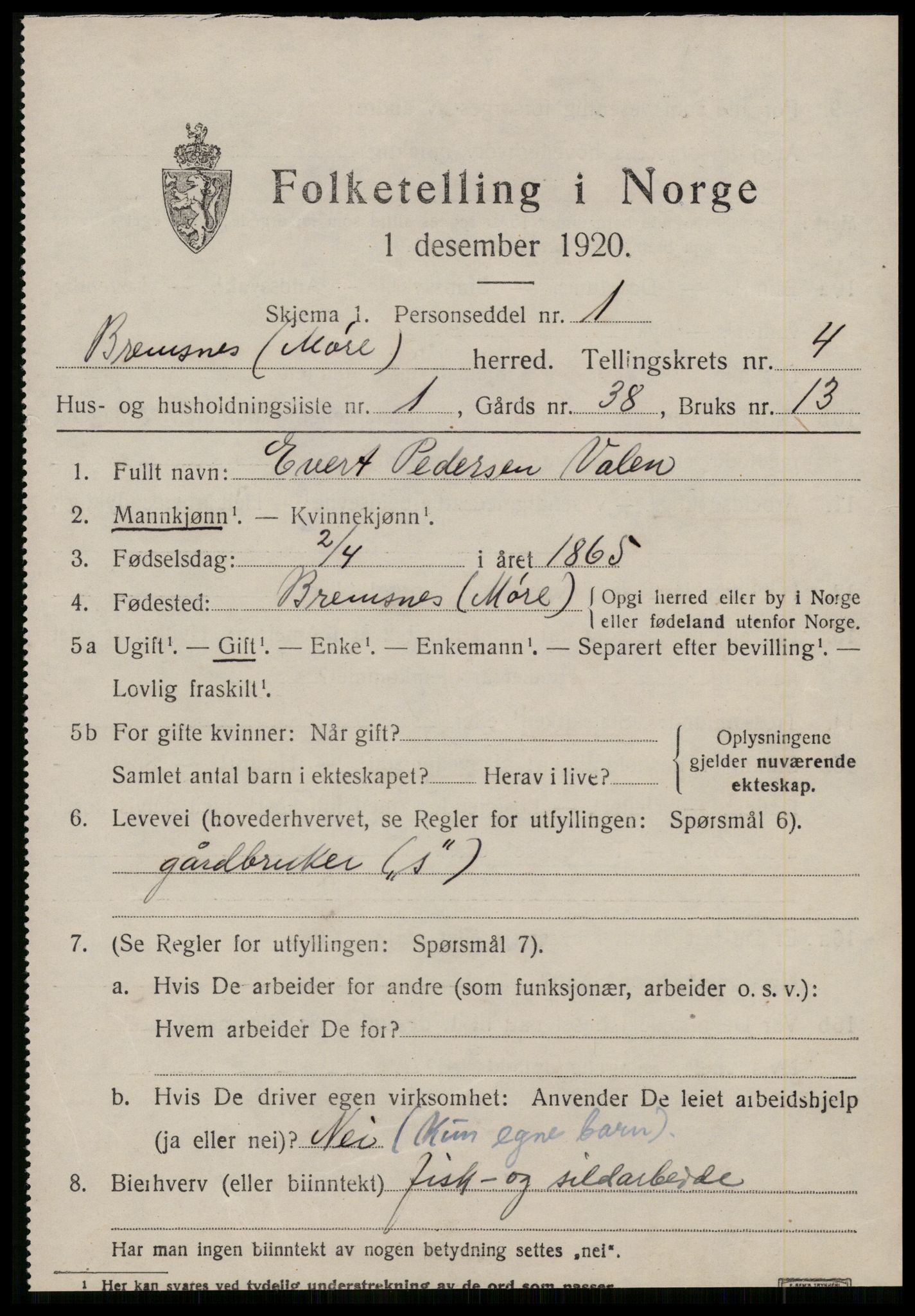 SAT, 1920 census for Bremsnes, 1920, p. 4233