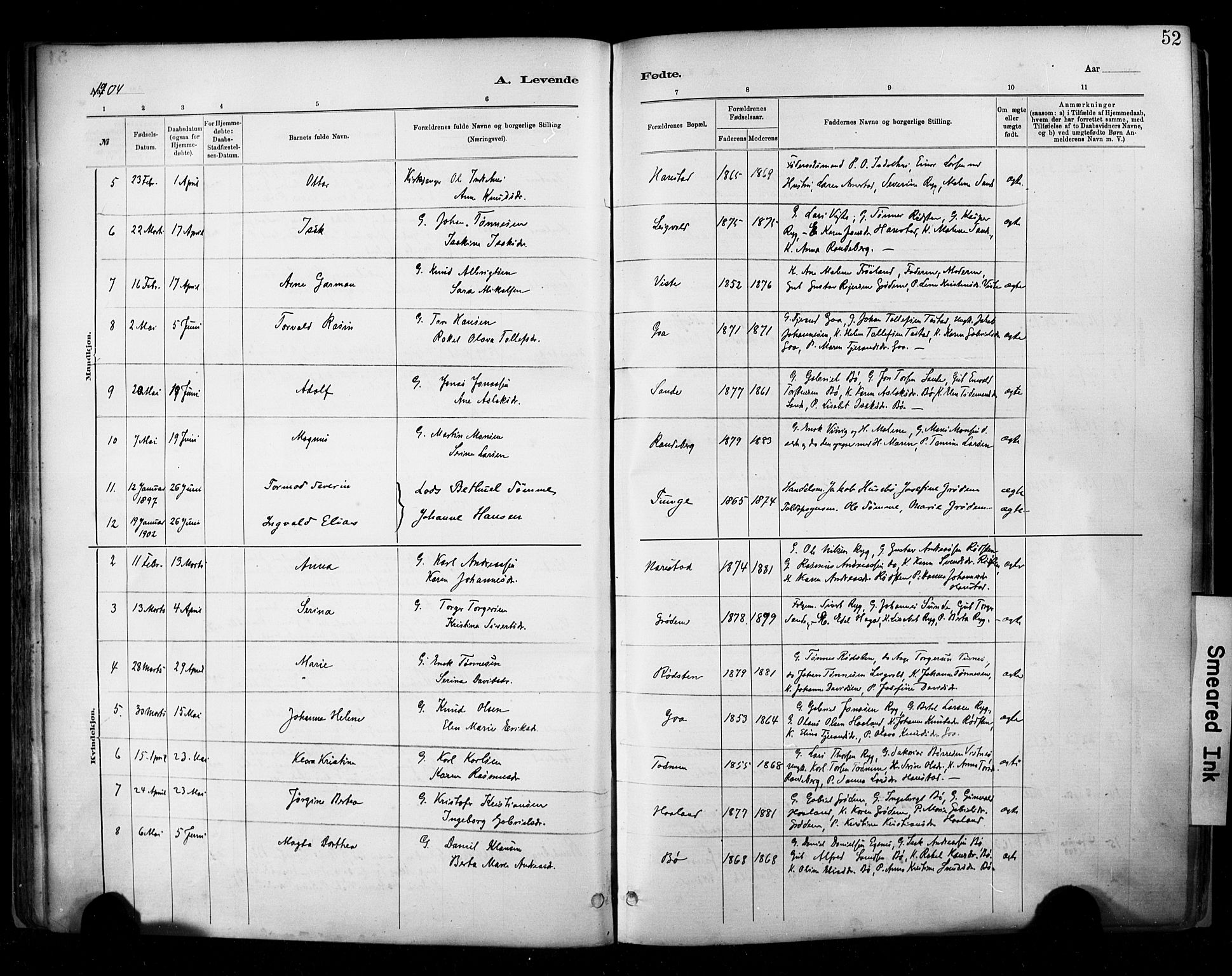 Hetland sokneprestkontor, SAST/A-101826/30/30BA/L0009: Parish register (official) no. A 9, 1882-1918, p. 52