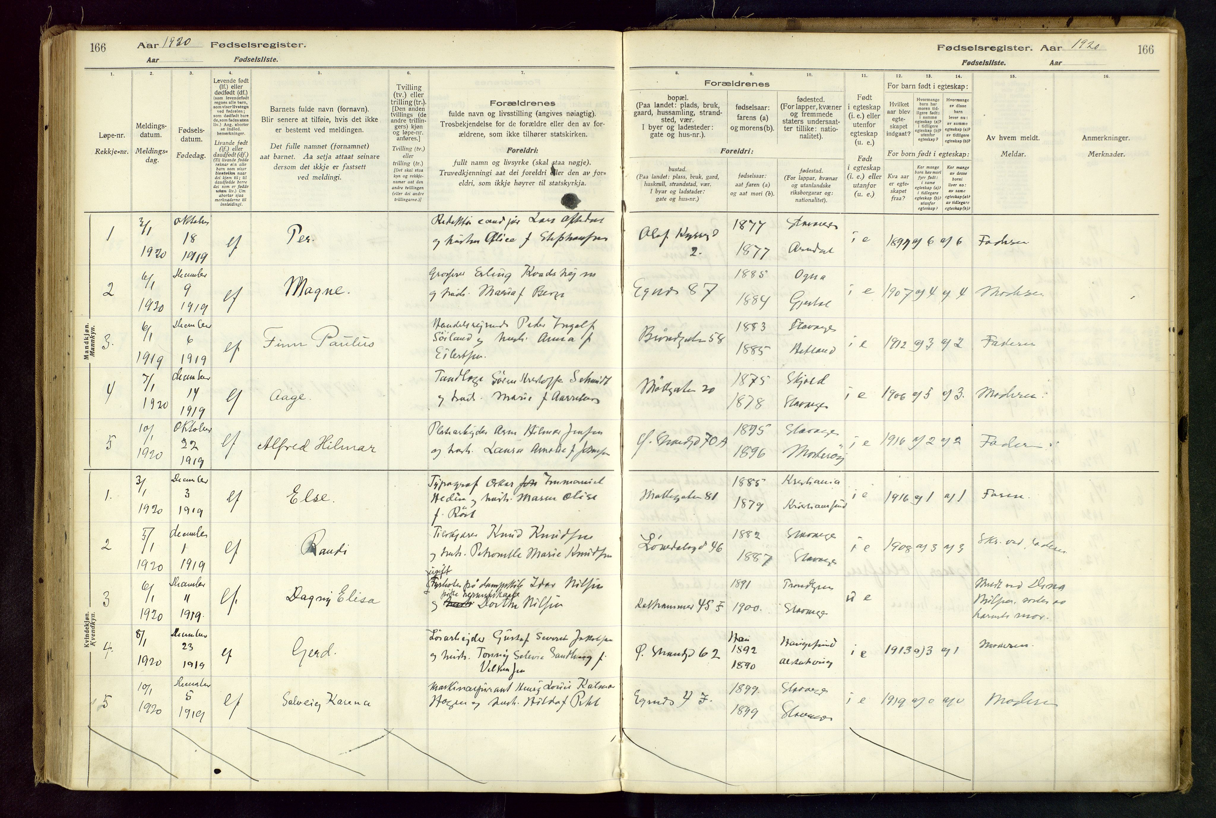 Domkirken sokneprestkontor, AV/SAST-A-101812/002/B/L0001: Birth register no. 1, 1916-1920, p. 166