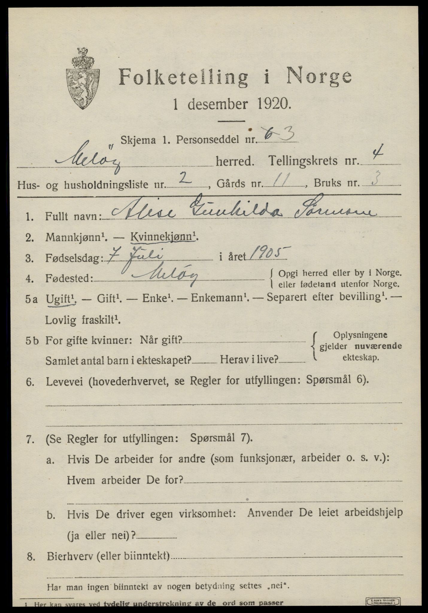 SAT, 1920 census for Meløy, 1920, p. 2783