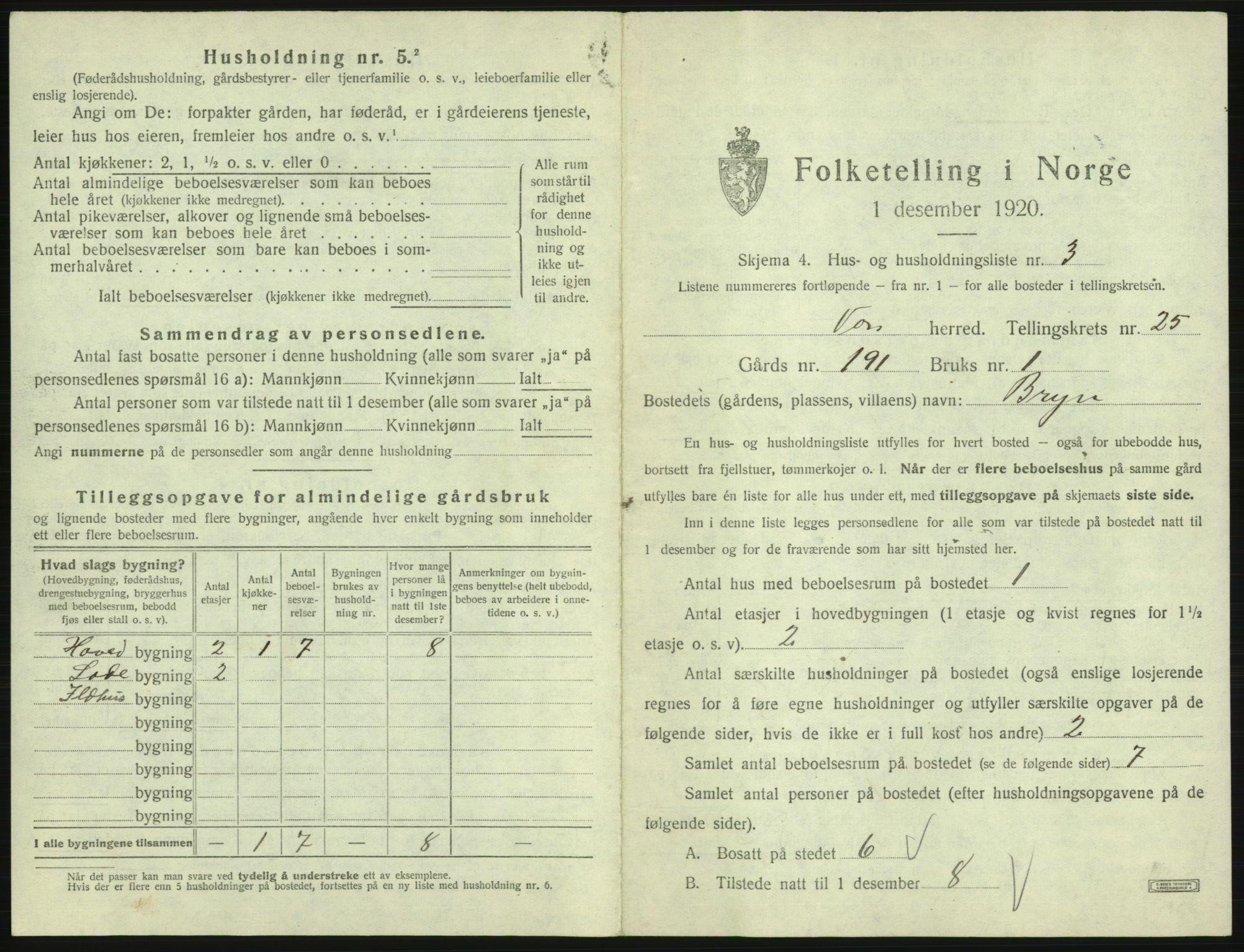 SAB, 1920 census for Voss, 1920, p. 2167