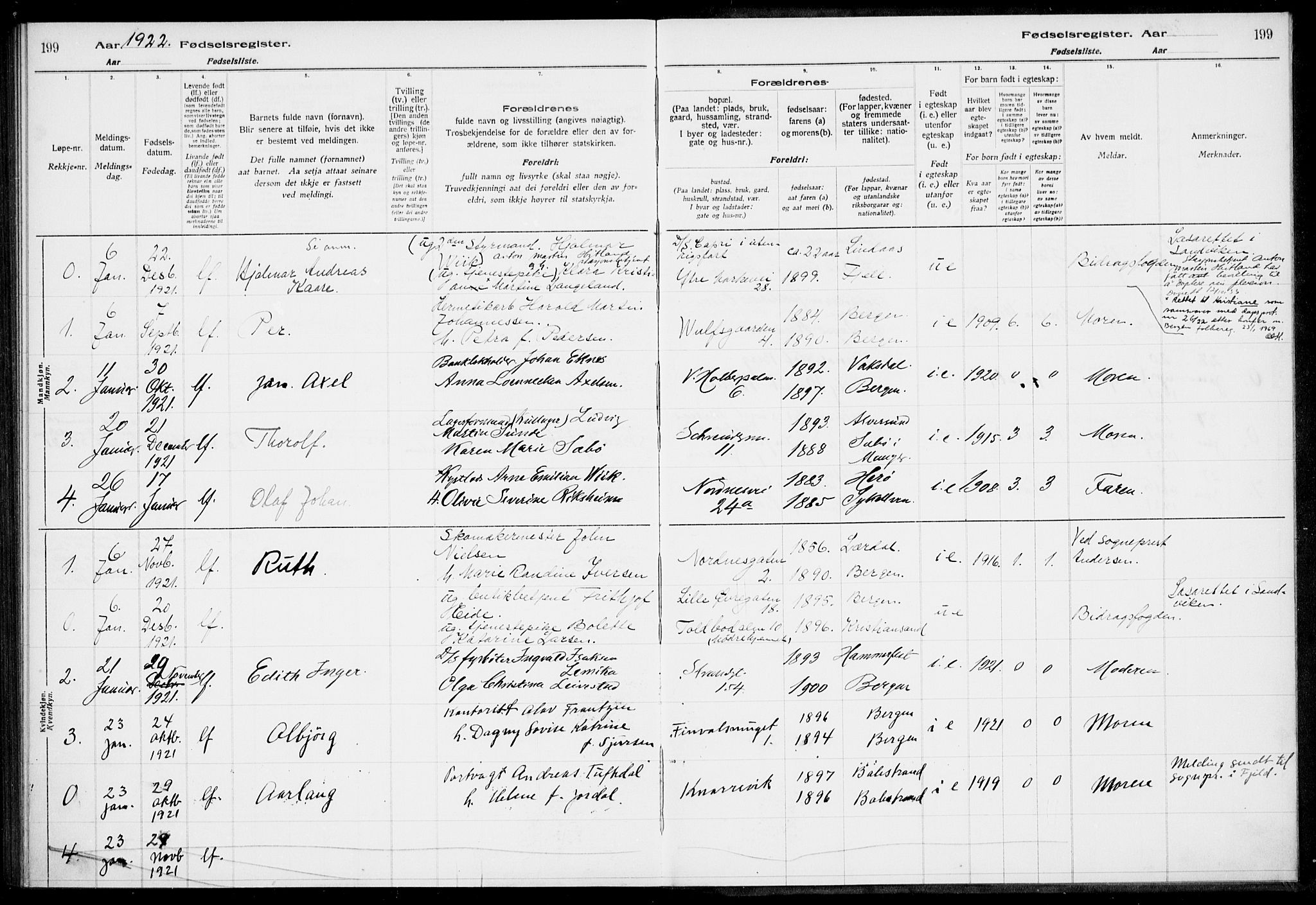 Nykirken Sokneprestembete, SAB/A-77101/I/Id/L00A1: Birth register no. A 1, 1916-1922, p. 199