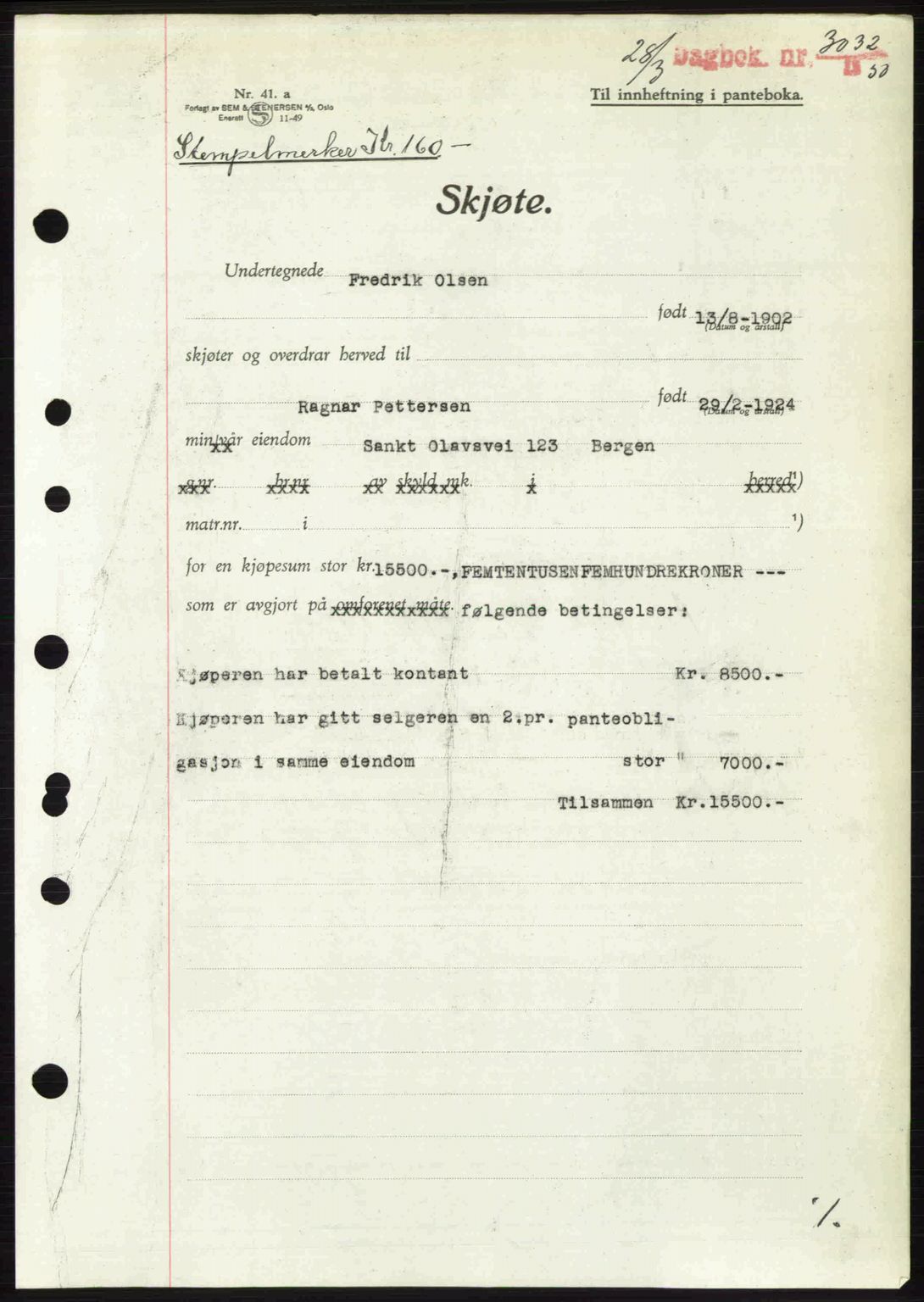 Byfogd og Byskriver i Bergen, AV/SAB-A-3401/03/03Bc/L0032: Mortgage book no. A26, 1950-1950, Diary no: : 3032/1950