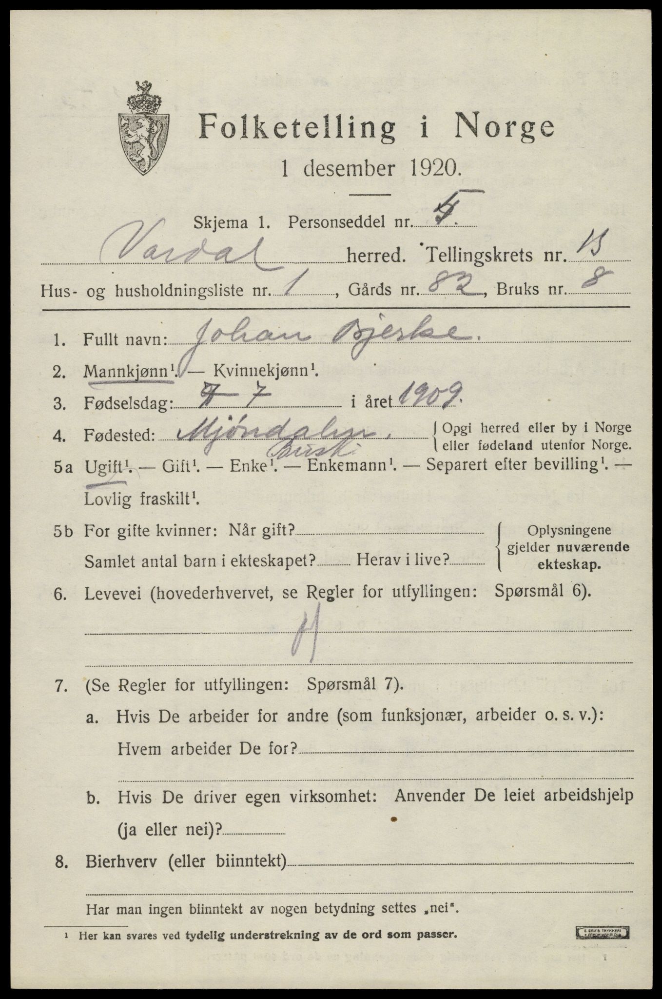 SAH, 1920 census for Vardal, 1920, p. 13805