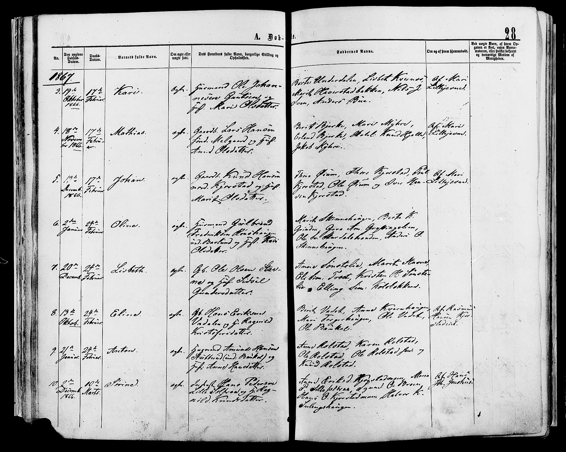 Sør-Fron prestekontor, SAH/PREST-010/H/Ha/Haa/L0002: Parish register (official) no. 2, 1864-1880, p. 28