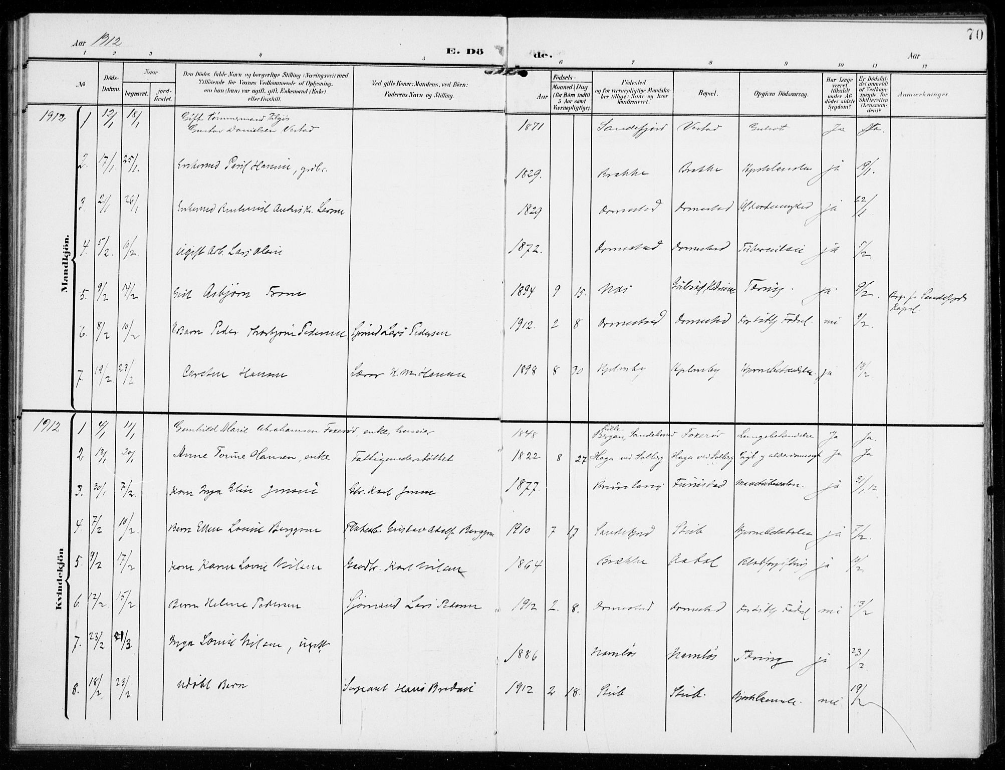 Sandar kirkebøker, SAKO/A-243/F/Fa/L0019: Parish register (official) no. 19, 1908-1914, p. 70