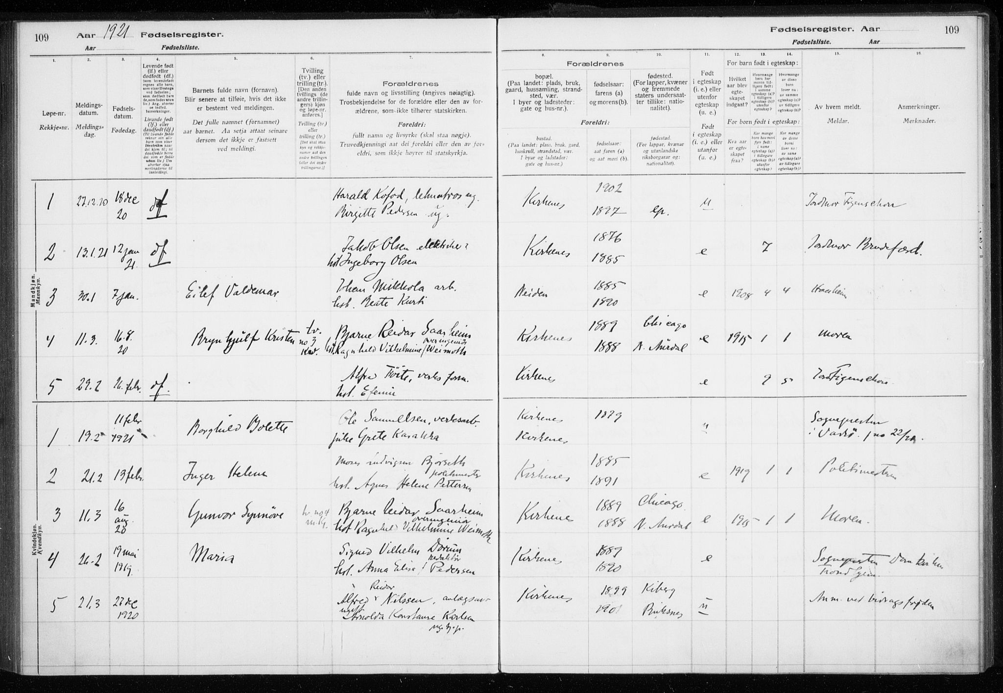 Sør-Varanger sokneprestkontor, AV/SATØ-S-1331/I/Ia/L0016: Birth register no. 16, 1915-1925, p. 109