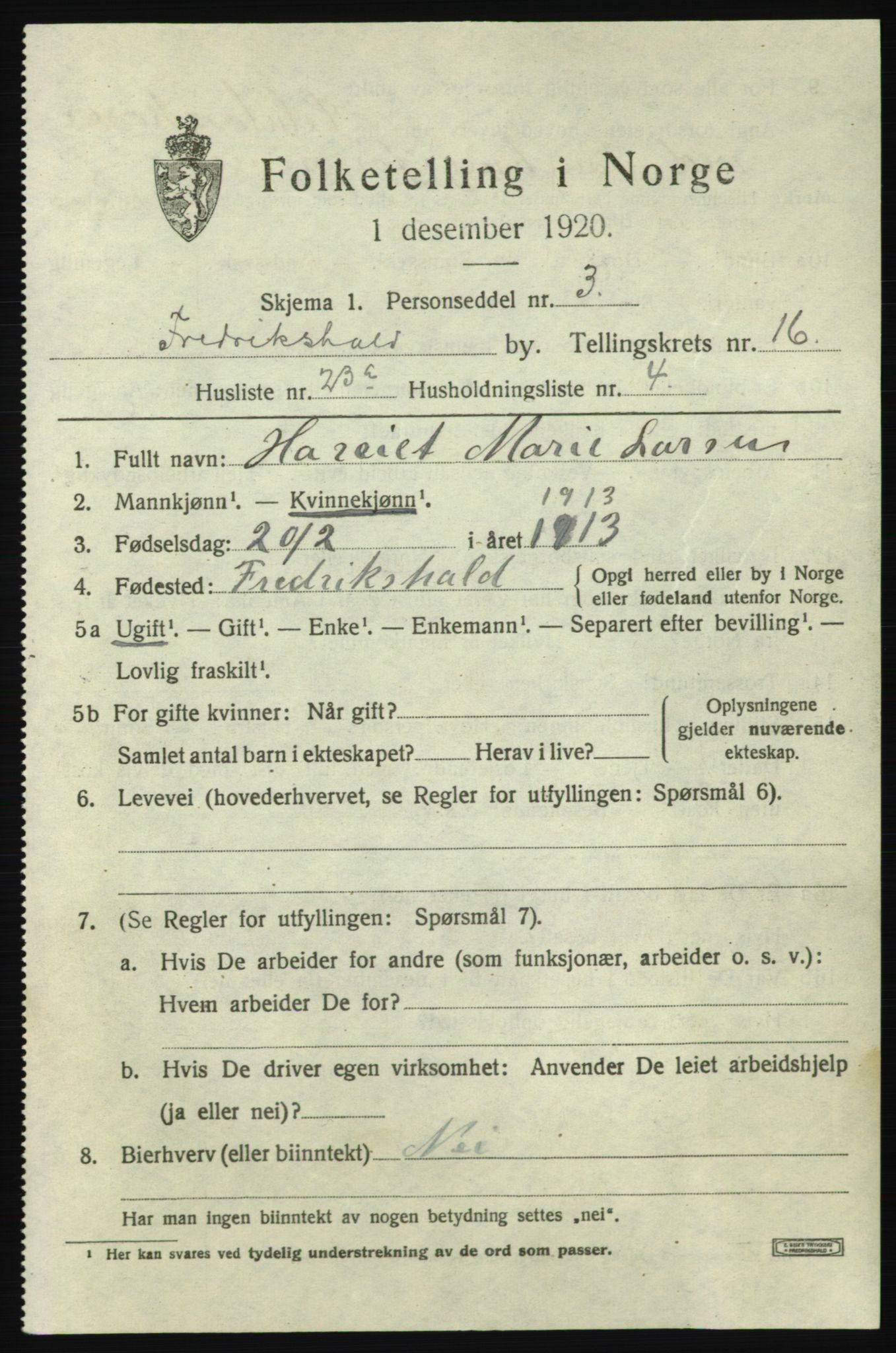 SAO, 1920 census for Fredrikshald, 1920, p. 25593