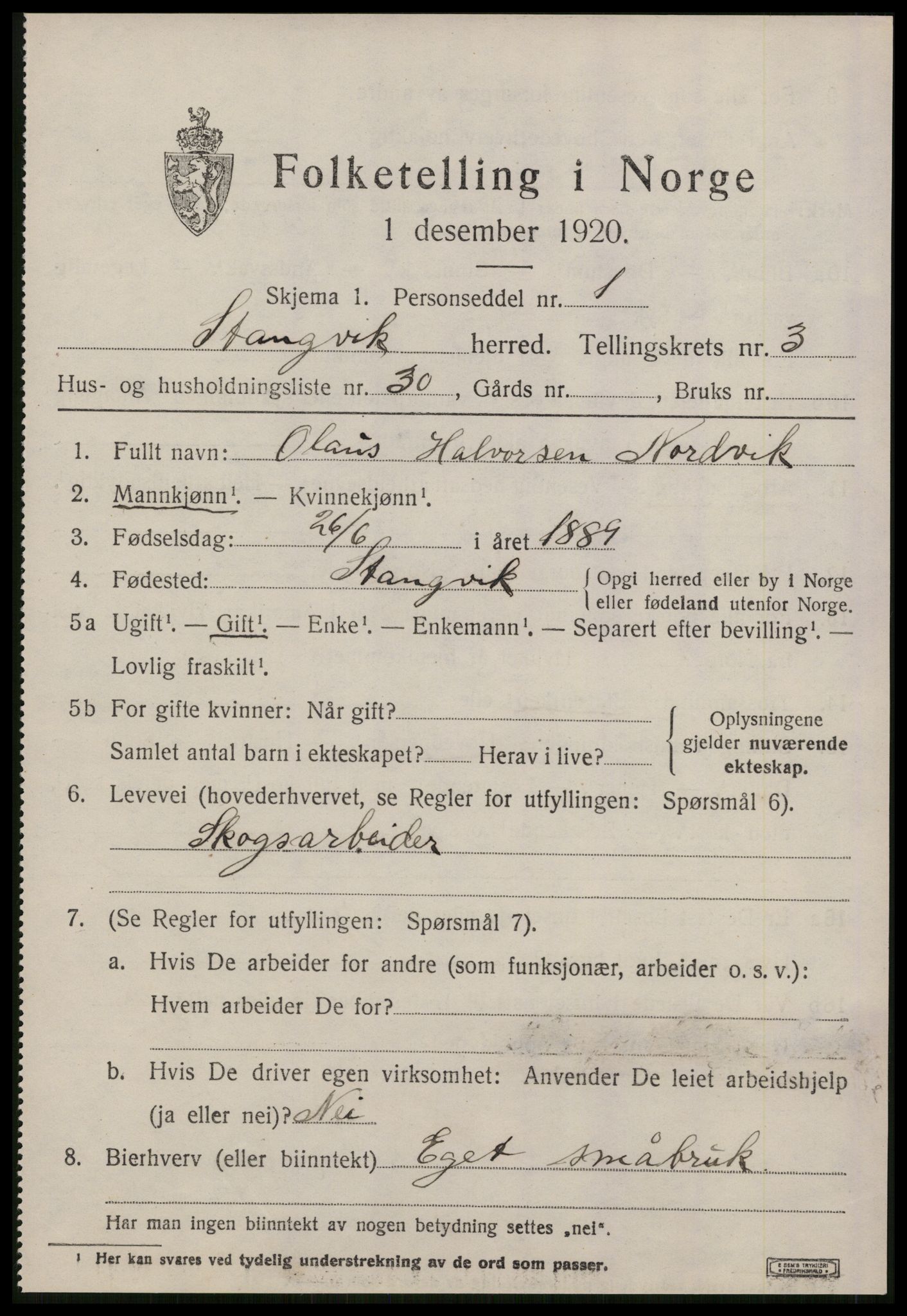 SAT, 1920 census for Stangvik, 1920, p. 2346