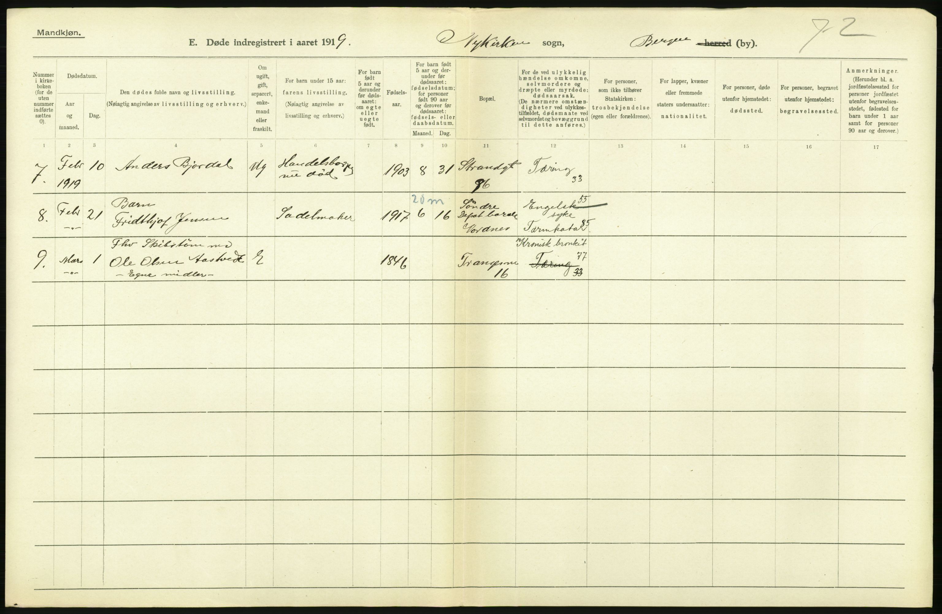 Statistisk sentralbyrå, Sosiodemografiske emner, Befolkning, RA/S-2228/D/Df/Dfb/Dfbi/L0035: Bergen: Gifte, døde, dødfødte., 1919, p. 570