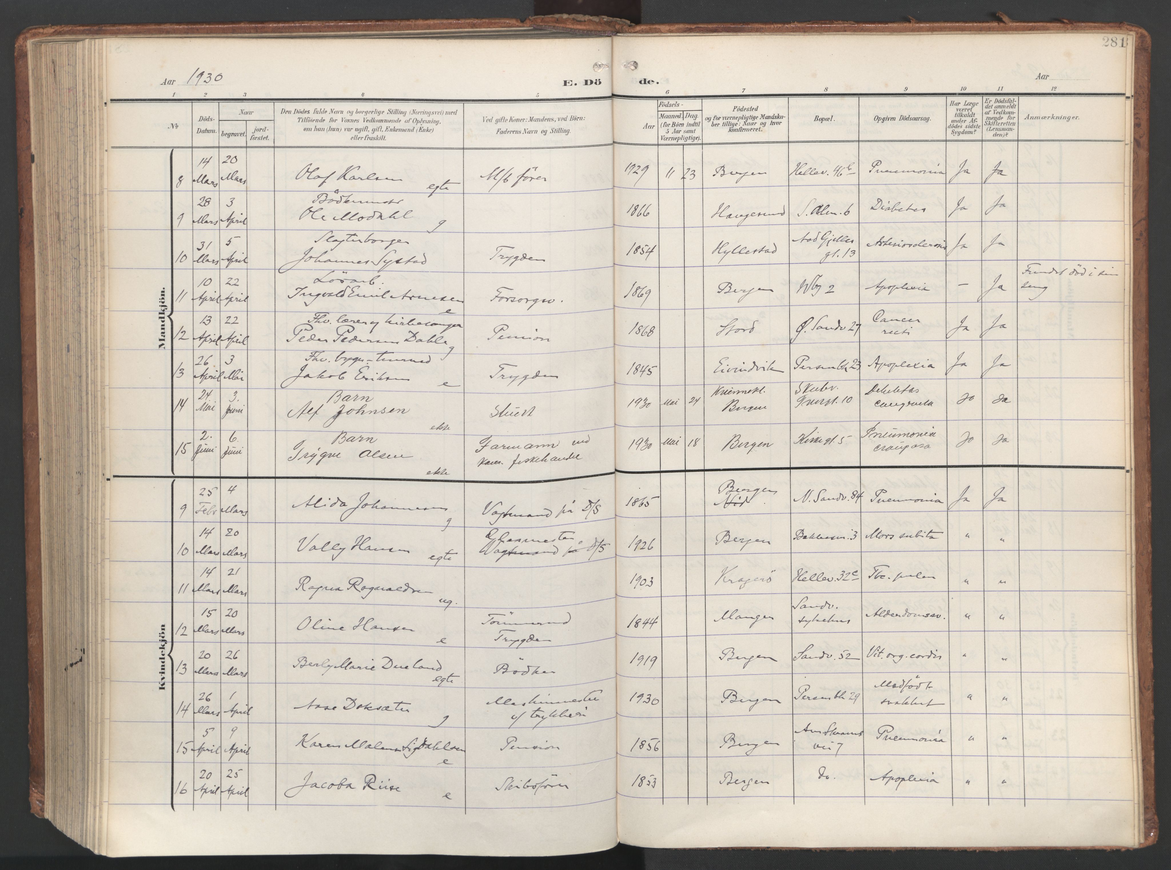 Sandviken Sokneprestembete, AV/SAB-A-77601/H/Ha/L0019: Parish register (official) no. E 2, 1905-1933, p. 281