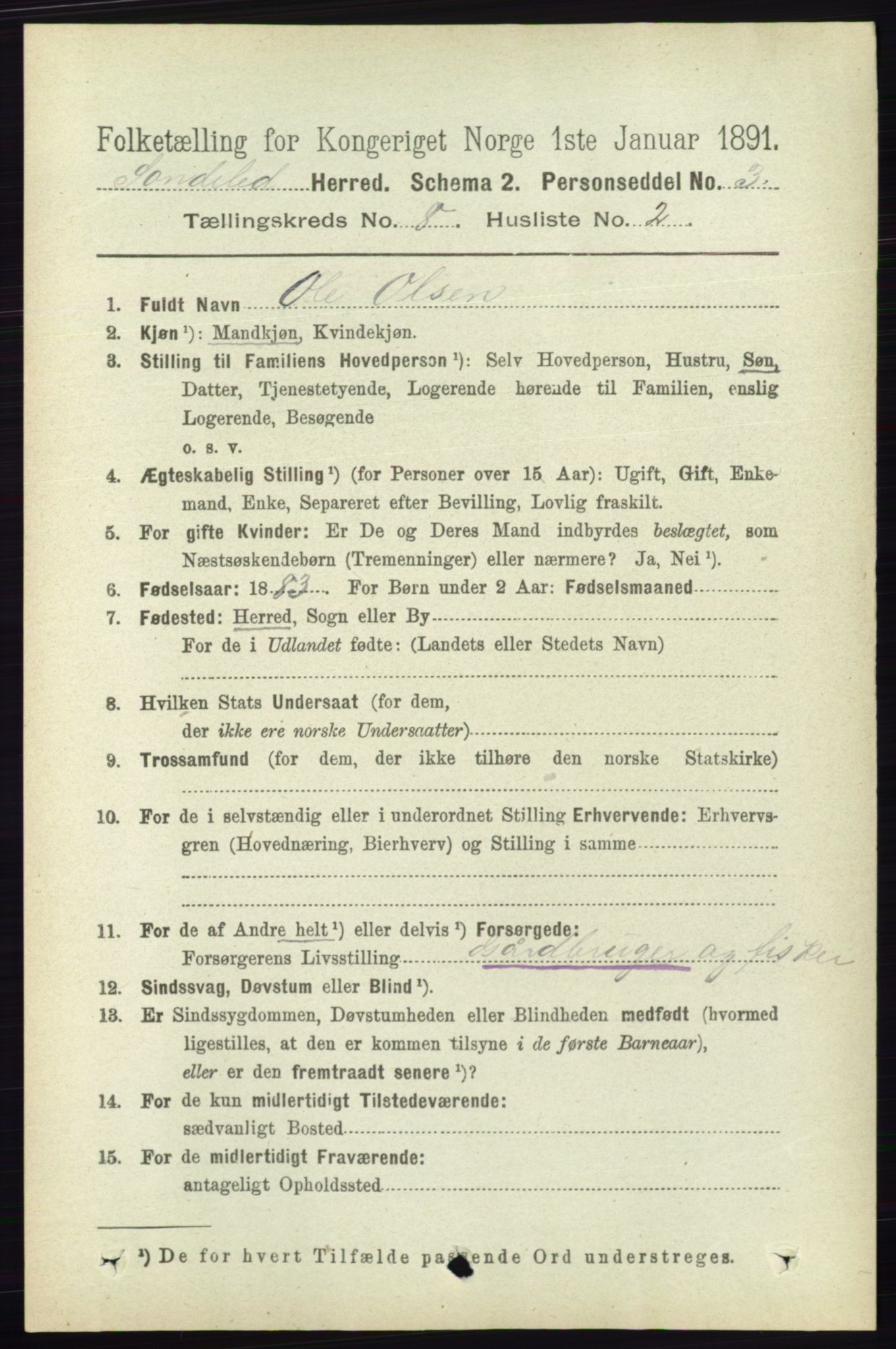 RA, 1891 census for 0913 Søndeled, 1891, p. 2580