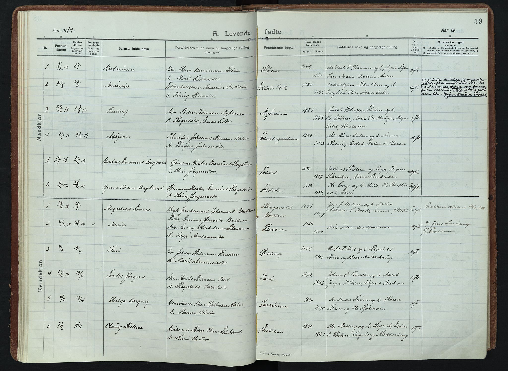 Alvdal prestekontor, SAH/PREST-060/H/Ha/Haa/L0005: Parish register (official) no. 5, 1913-1930, p. 39