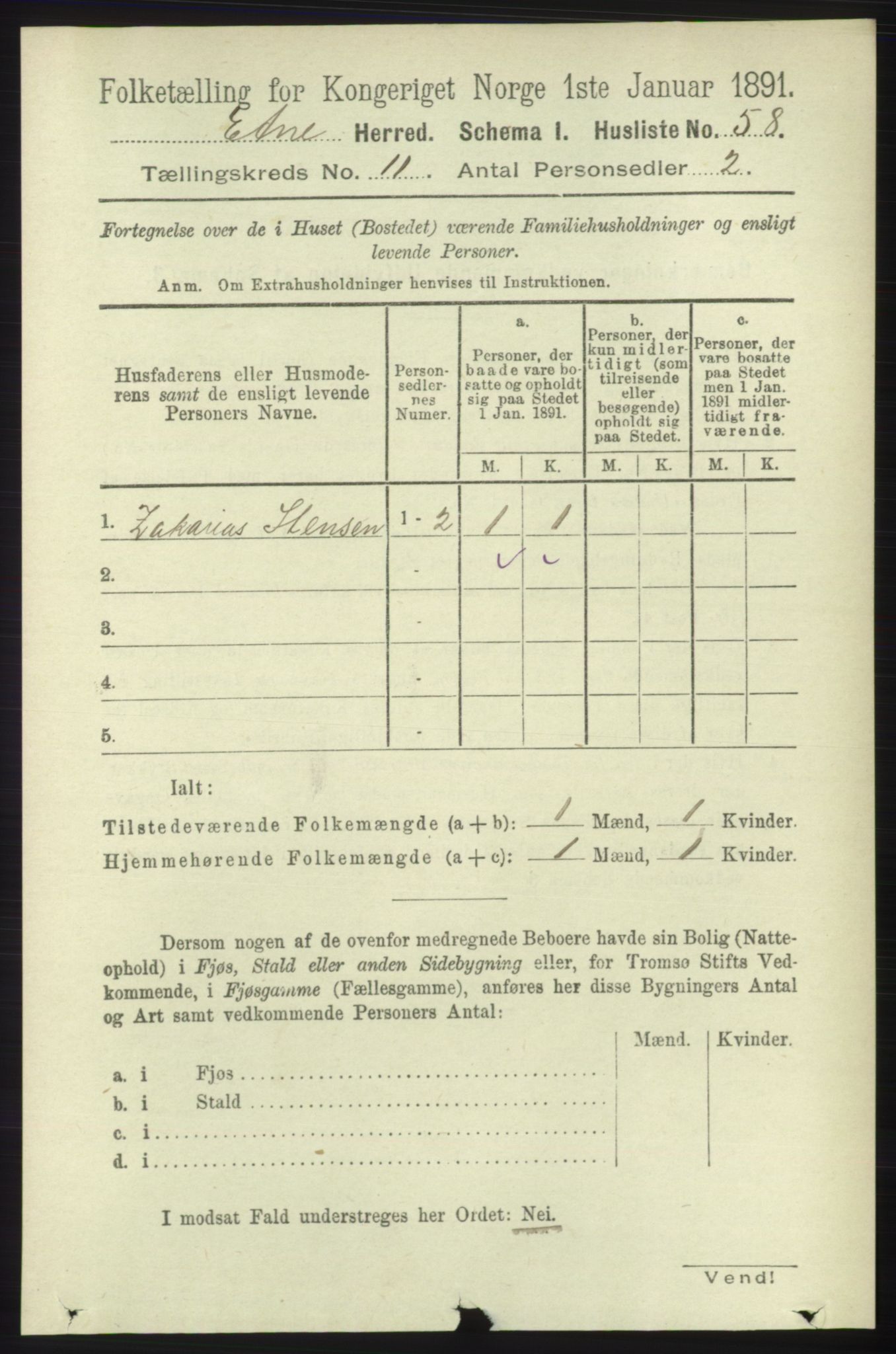 RA, 1891 census for 1211 Etne, 1891, p. 2260