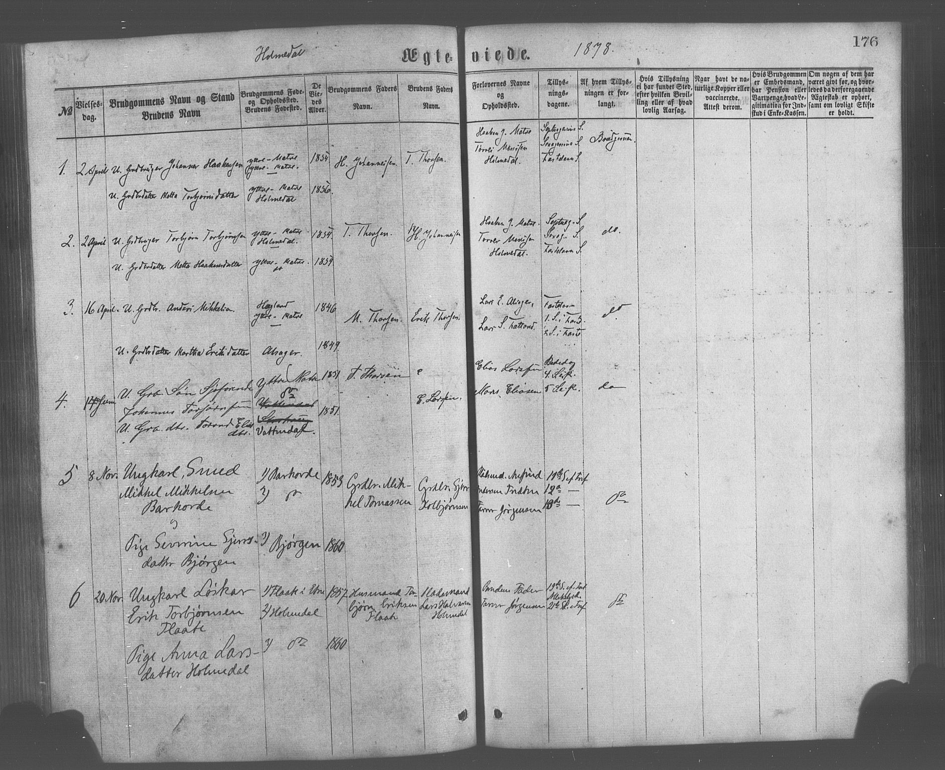 Skånevik sokneprestembete, AV/SAB-A-77801/H/Haa: Parish register (official) no. A 6, 1869-1878, p. 176