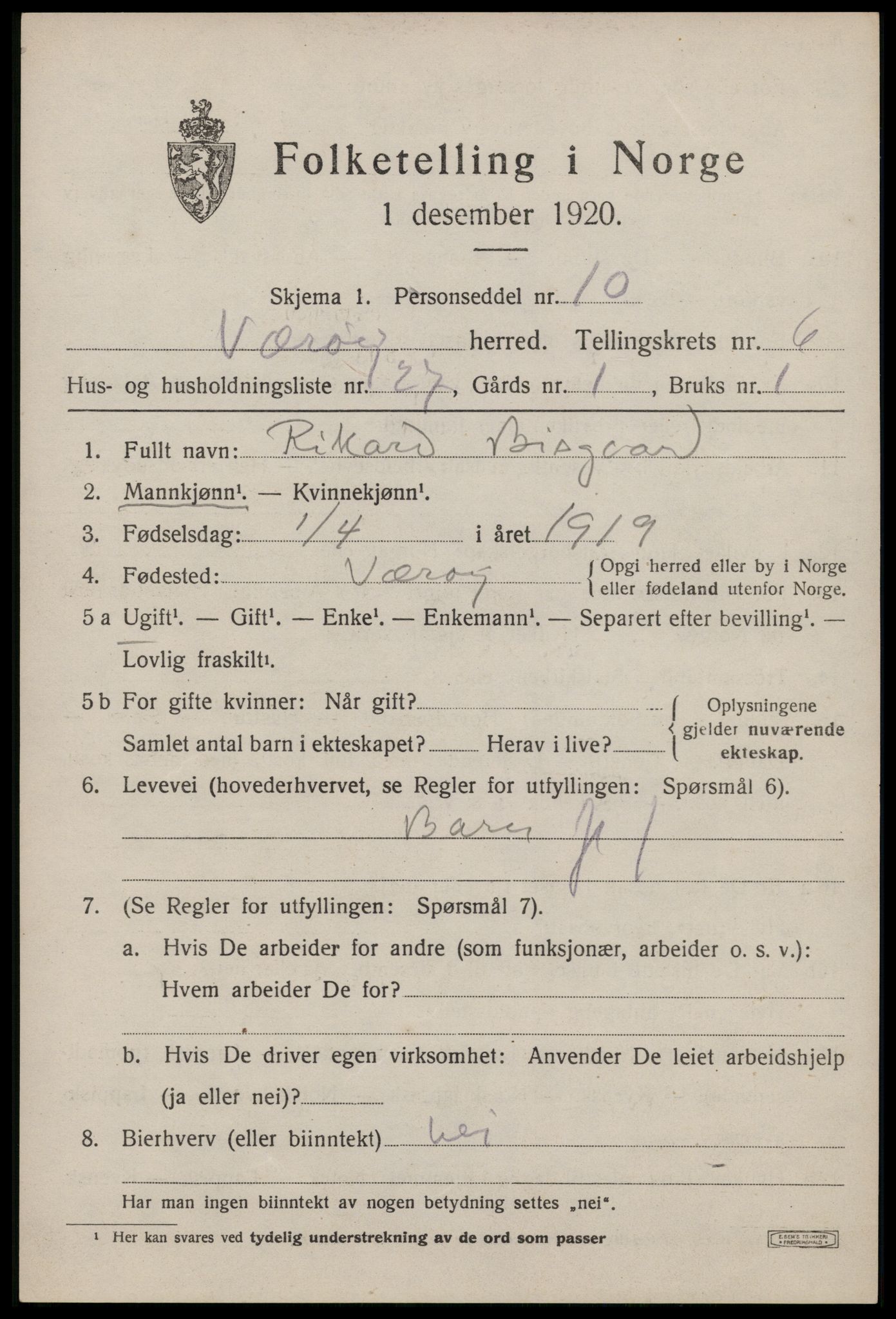 SAT, 1920 census for Værøy, 1920, p. 3925