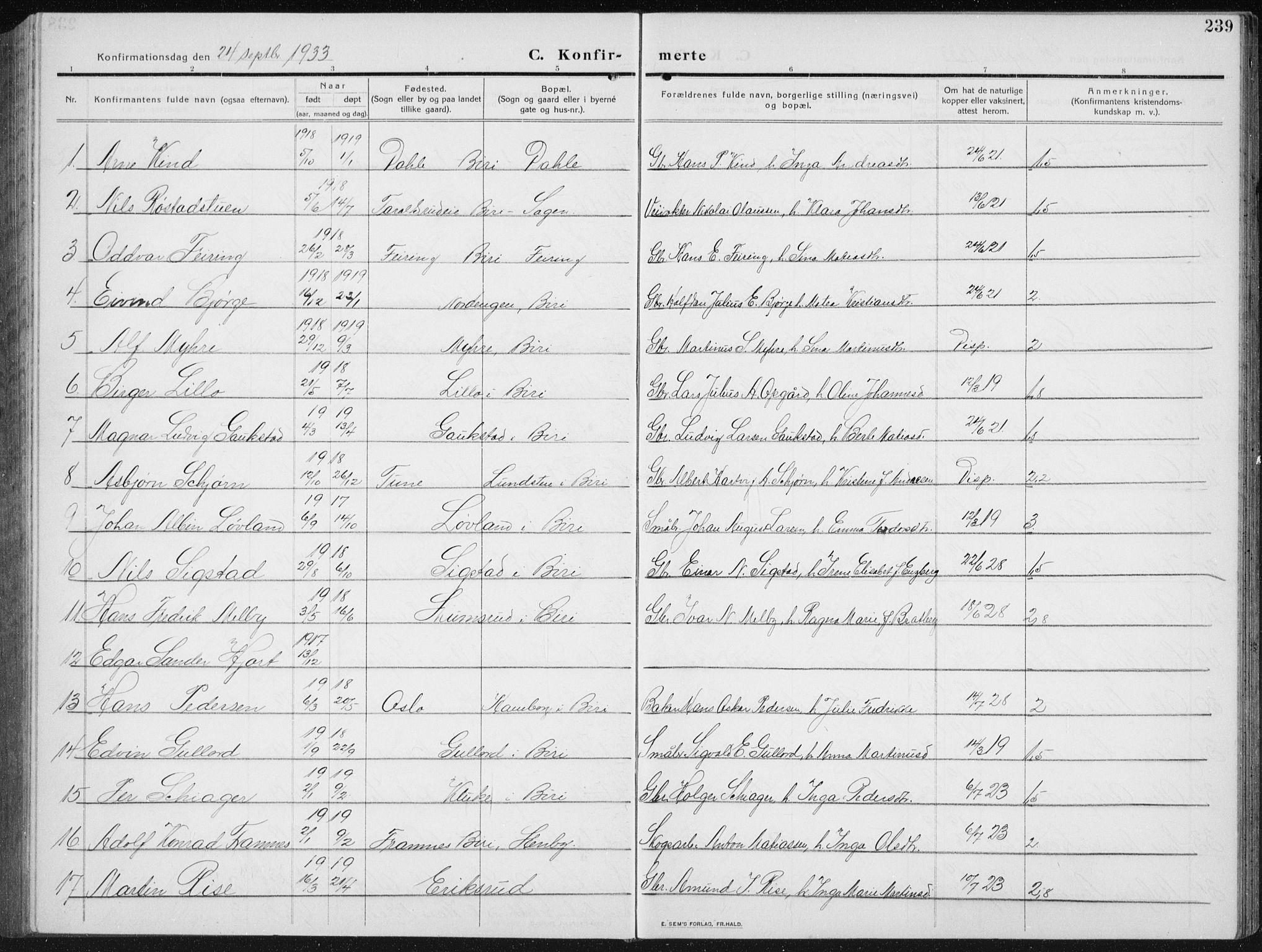 Biri prestekontor, SAH/PREST-096/H/Ha/Hab/L0006: Parish register (copy) no. 6, 1909-1938, p. 239