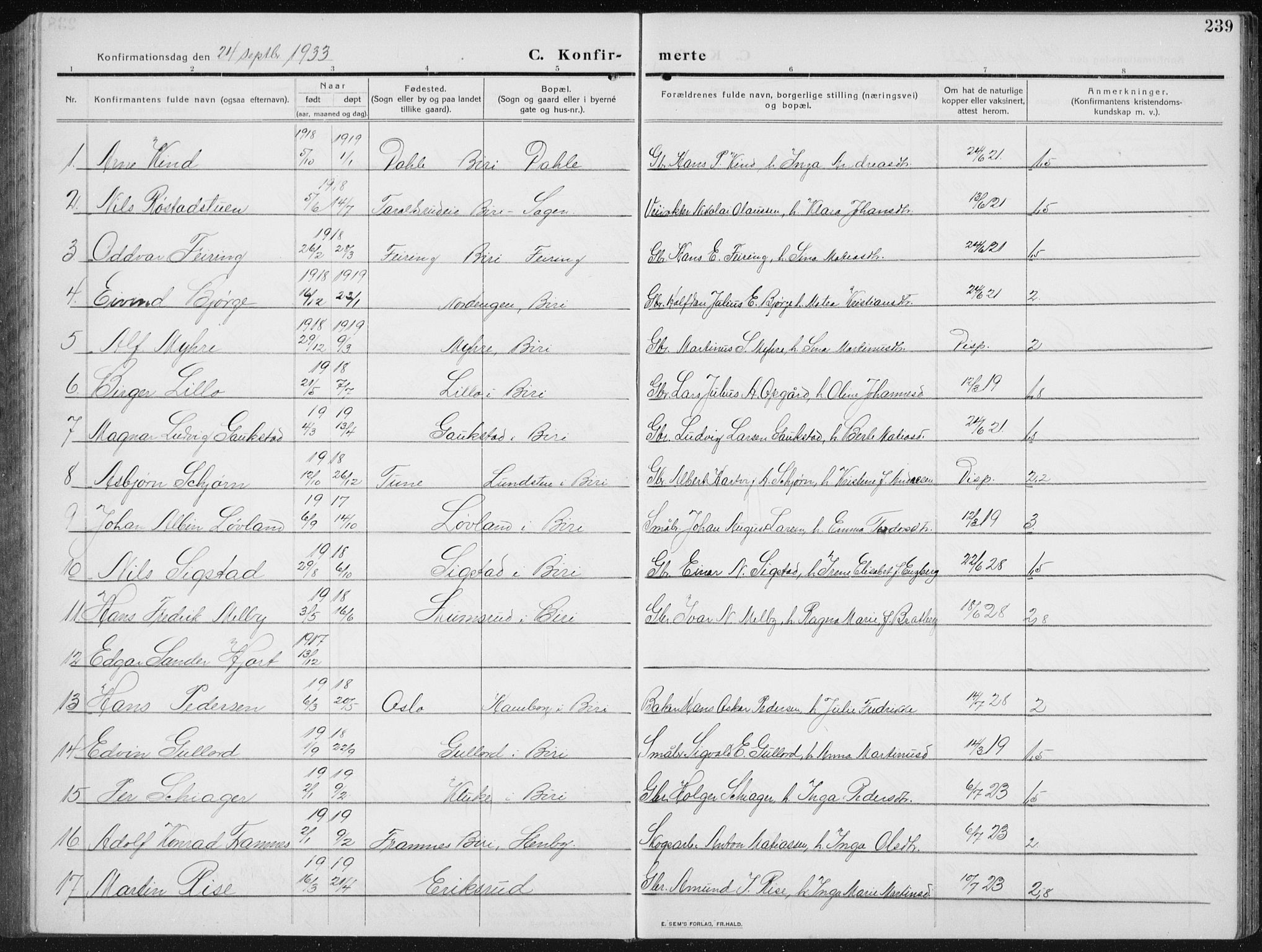 Biri prestekontor, AV/SAH-PREST-096/H/Ha/Hab/L0006: Parish register (copy) no. 6, 1909-1938, p. 239