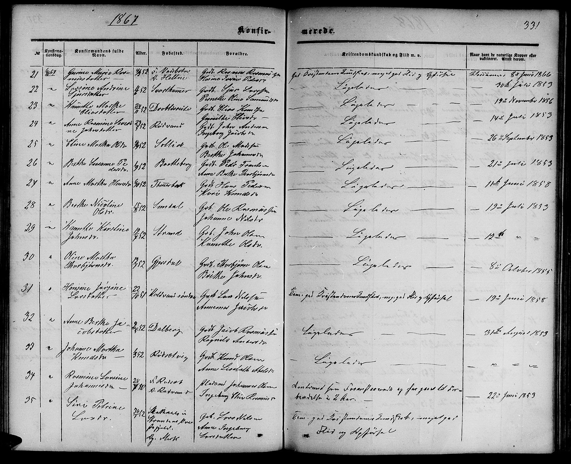 Ministerialprotokoller, klokkerbøker og fødselsregistre - Møre og Romsdal, AV/SAT-A-1454/511/L0157: Parish register (copy) no. 511C03, 1864-1884, p. 331