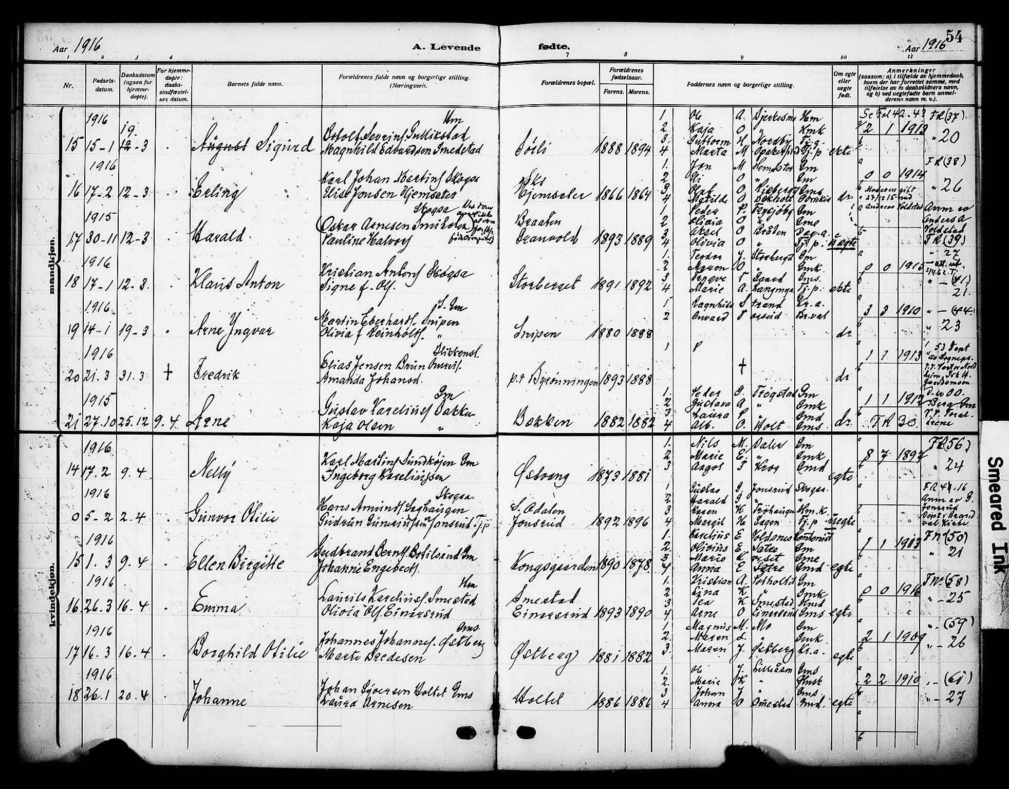 Grue prestekontor, AV/SAH-PREST-036/H/Ha/Haa/L0015: Parish register (official) no. 15, 1911-1922, p. 54