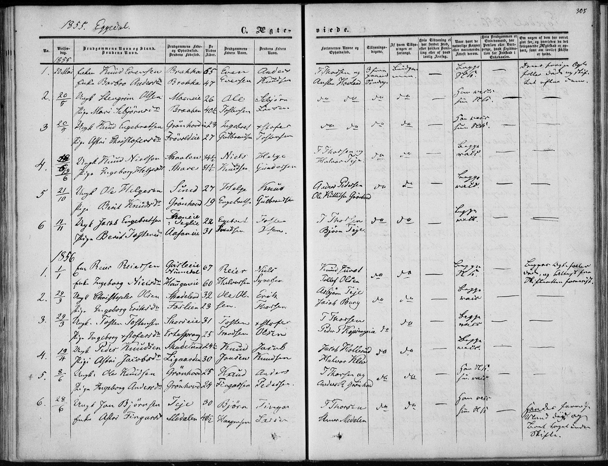 Sigdal kirkebøker, SAKO/A-245/F/Fa/L0008: Parish register (official) no. I 8, 1850-1859, p. 305