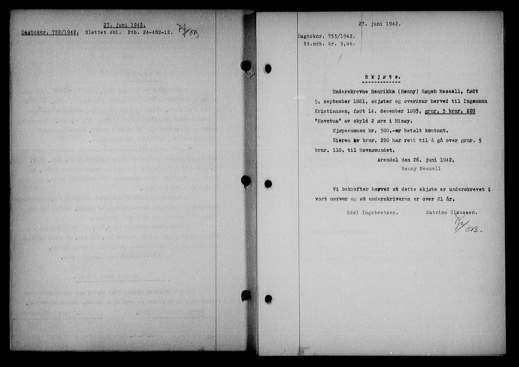 Nedenes sorenskriveri, SAK/1221-0006/G/Gb/Gba/L0049: Mortgage book no. A-III, 1941-1942, Diary no: : 753/1942