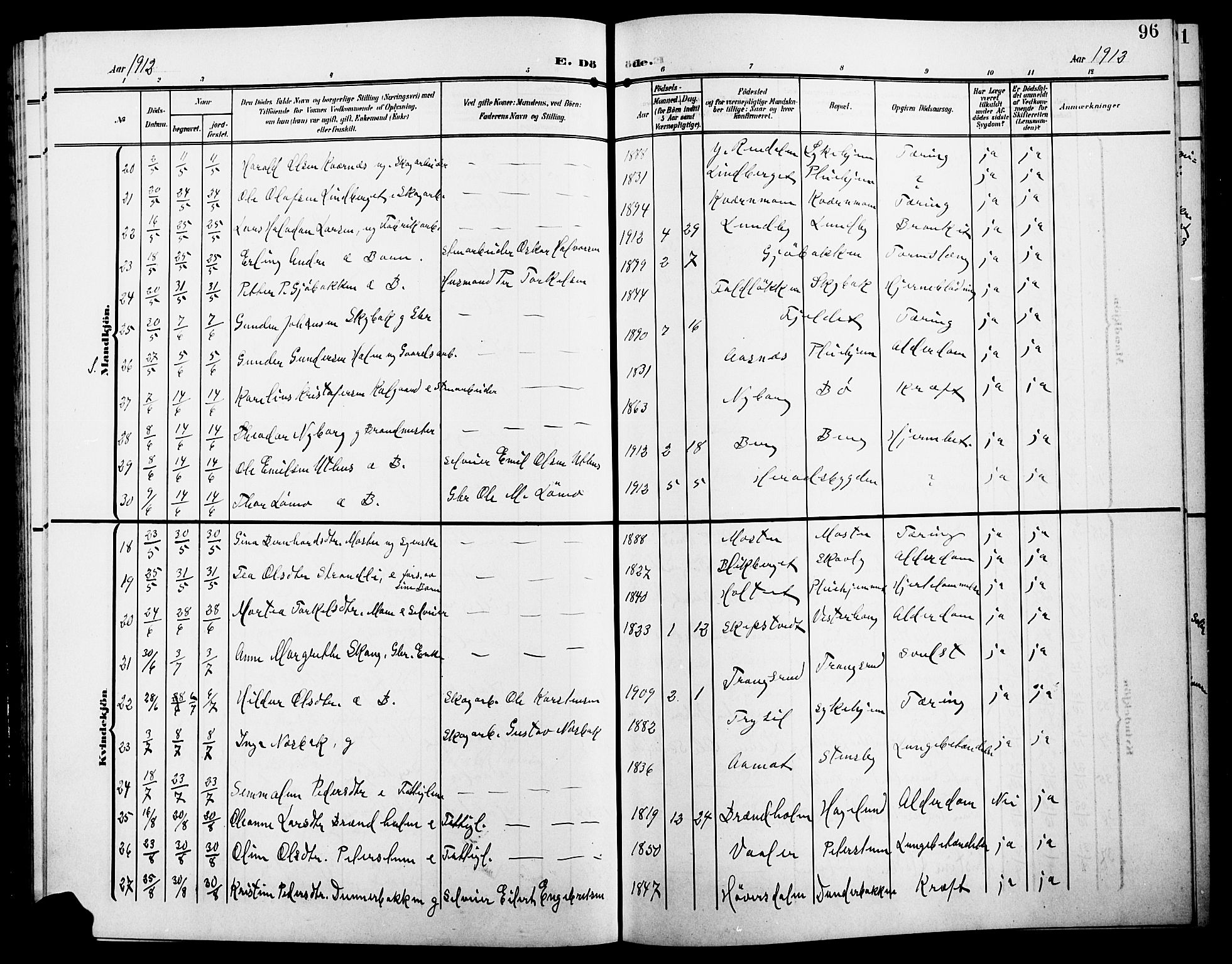 Elverum prestekontor, AV/SAH-PREST-044/H/Ha/Hab/L0009: Parish register (copy) no. 9, 1908-1921, p. 96