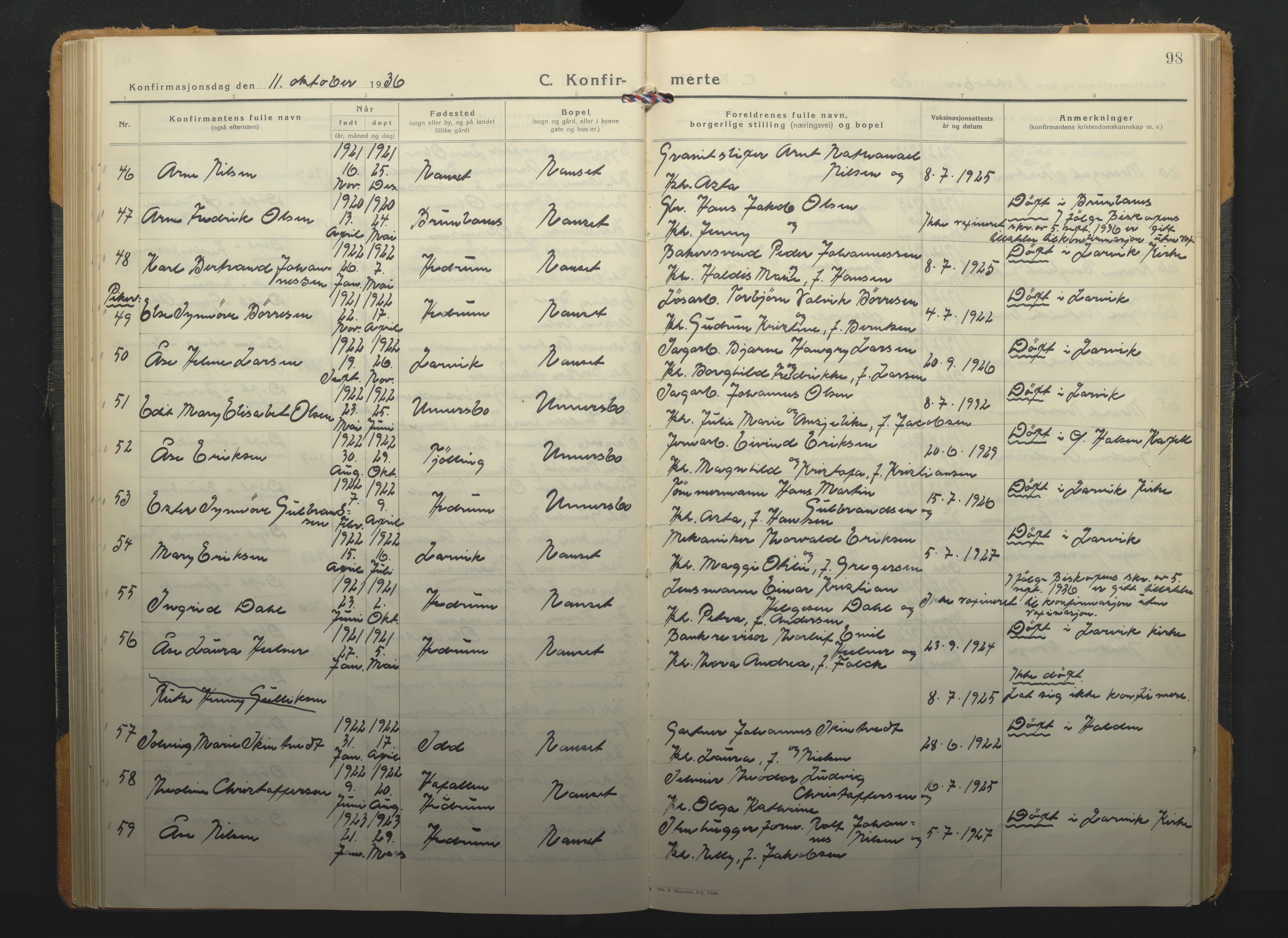 Hedrum kirkebøker, AV/SAKO-A-344/F/Fa/L0012: Parish register (official) no. I 12, 1934-1941, p. 98