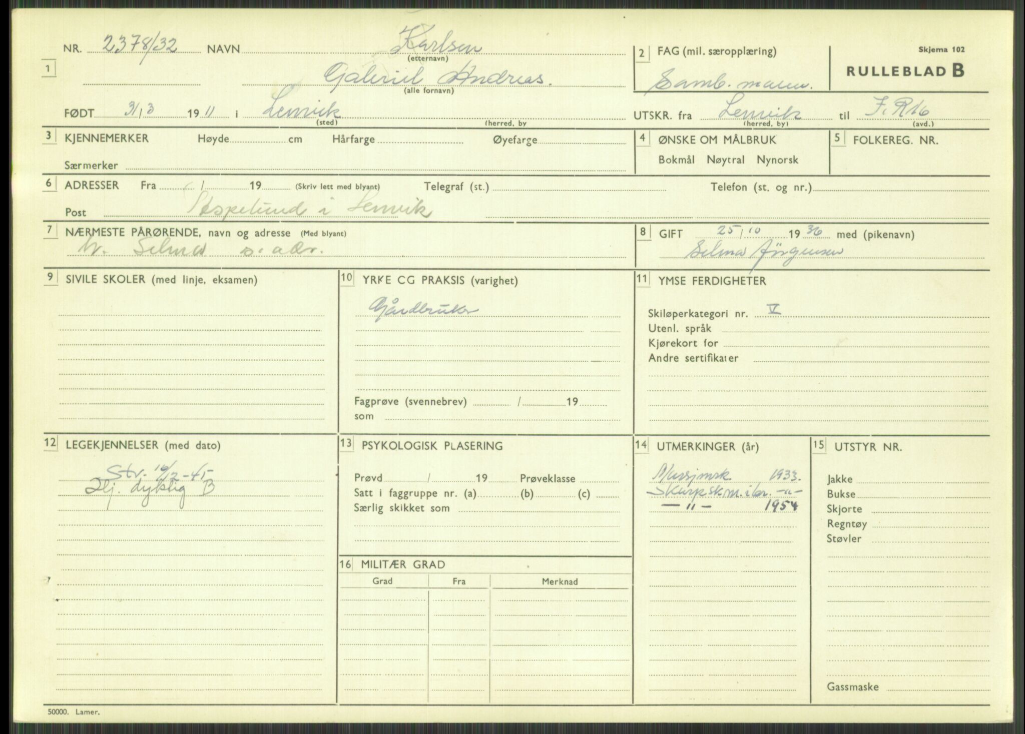 Forsvaret, Troms infanteriregiment nr. 16, AV/RA-RAFA-3146/P/Pa/L0016: Rulleblad for regimentets menige mannskaper, årsklasse 1932, 1932, p. 801