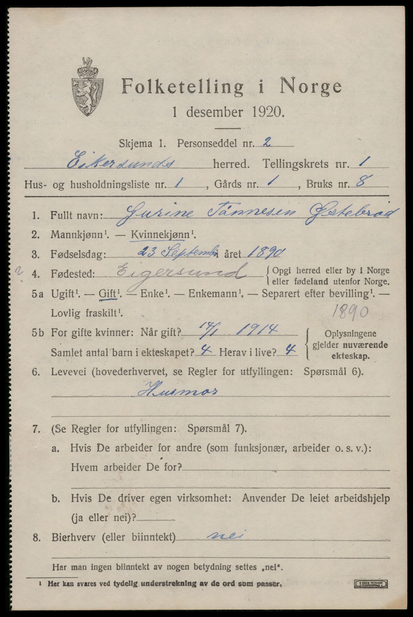 SAST, 1920 census for Eigersund, 1920, p. 1163