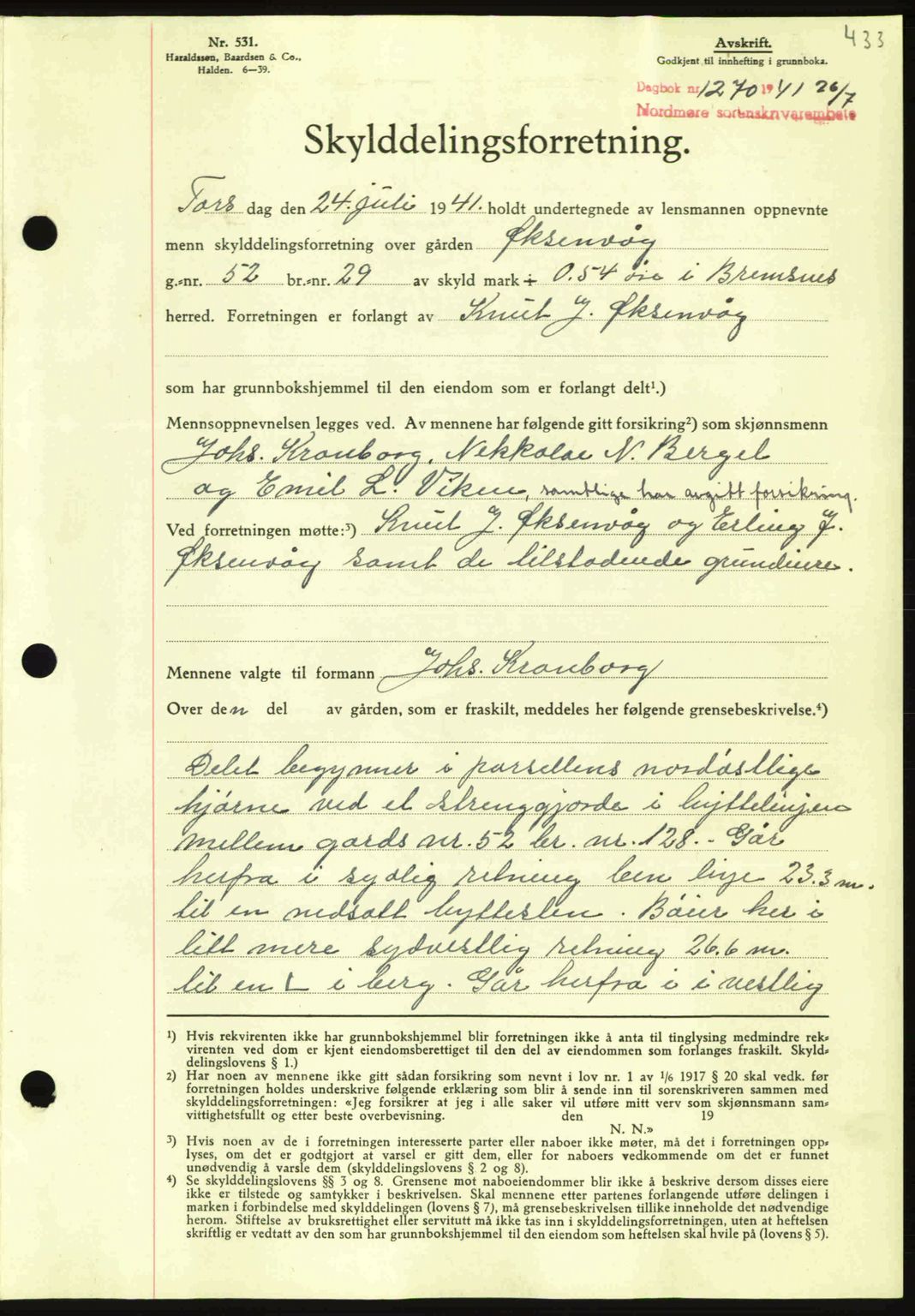 Nordmøre sorenskriveri, AV/SAT-A-4132/1/2/2Ca: Mortgage book no. A90, 1941-1941, Diary no: : 1270/1941