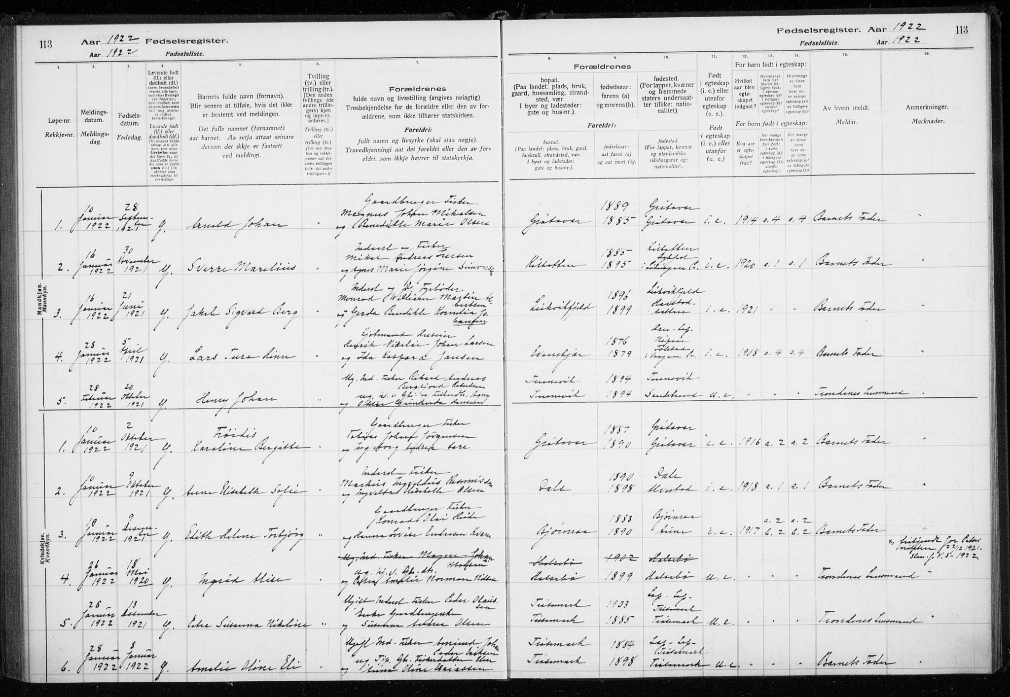 Trondenes sokneprestkontor, SATØ/S-1319/I/Ia/L0089: Birth register no. 89, 1916-1925, p. 113