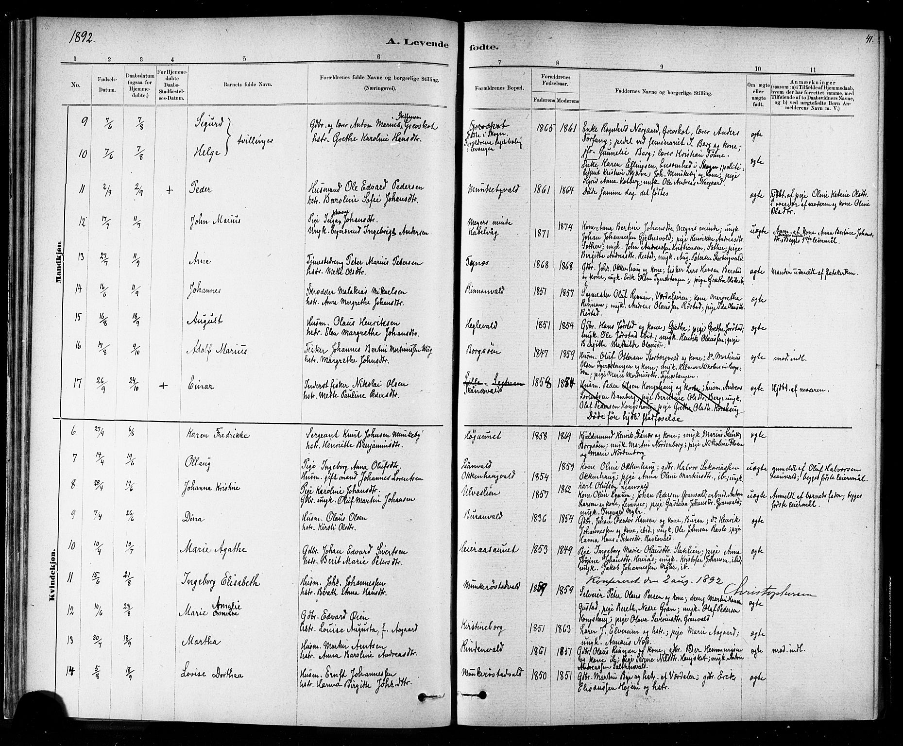 Ministerialprotokoller, klokkerbøker og fødselsregistre - Nord-Trøndelag, AV/SAT-A-1458/721/L0208: Parish register (copy) no. 721C01, 1880-1917, p. 41