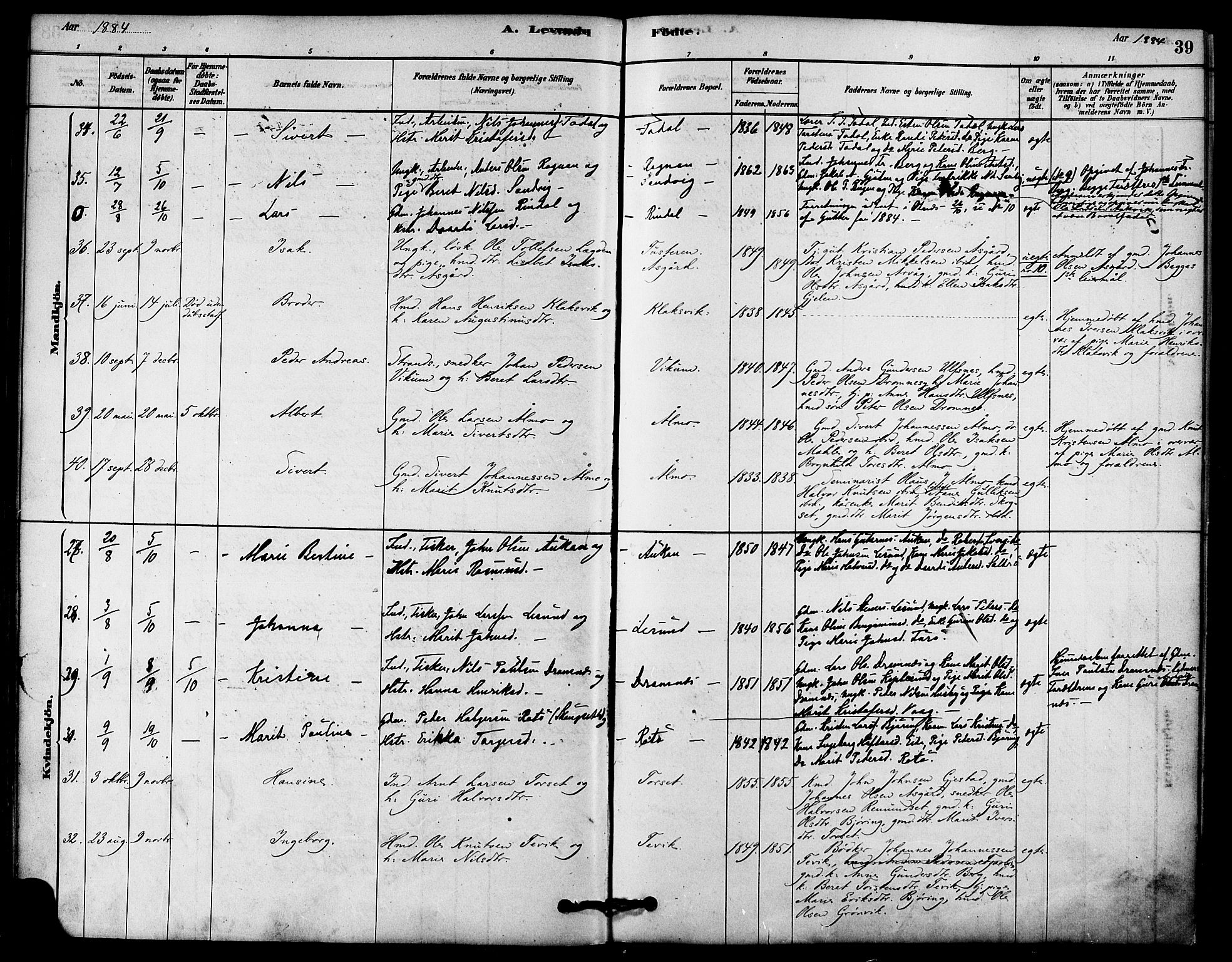 Ministerialprotokoller, klokkerbøker og fødselsregistre - Møre og Romsdal, SAT/A-1454/578/L0906: Parish register (official) no. 578A05, 1878-1886, p. 39